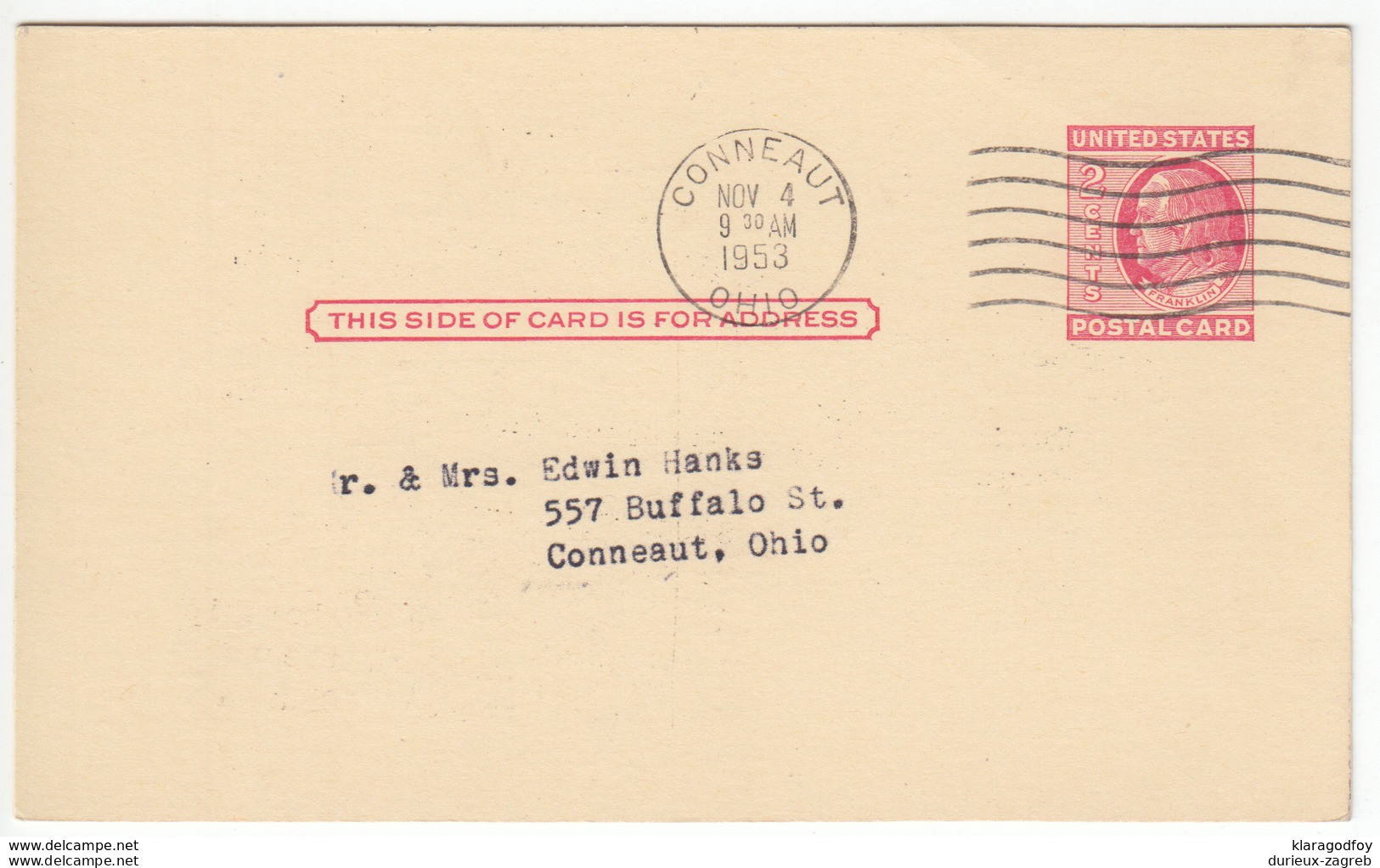 US Postal Stationery Postcard Travelled 1953 Conneaut, OH UX38 Franklin Bb161110 - 1941-60