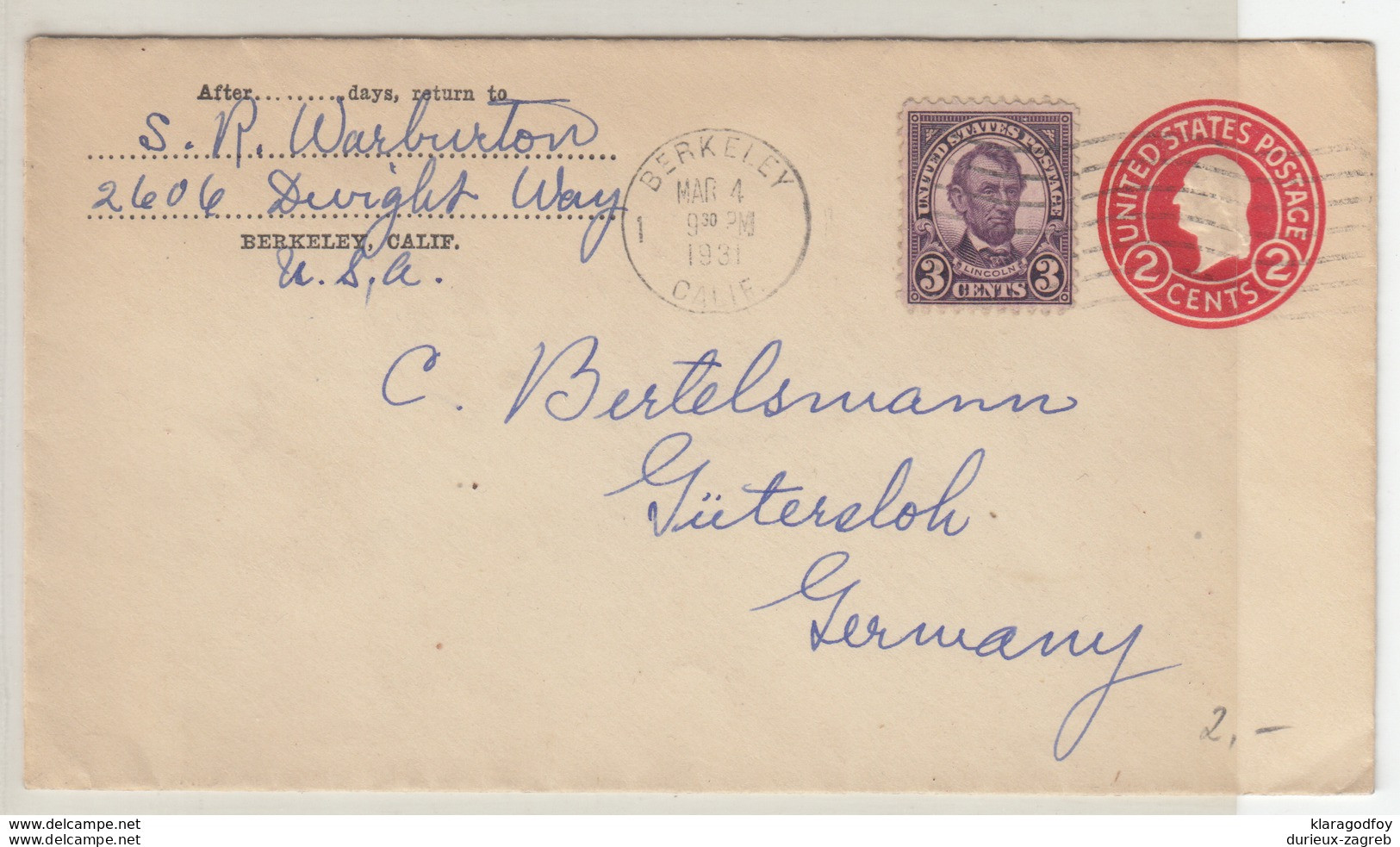 US Postal Stationery Stamped Envelope Washington Travelled 1931 Berkeley, California To Gütersloh, Germany U429 Bb161110 - 1921-40