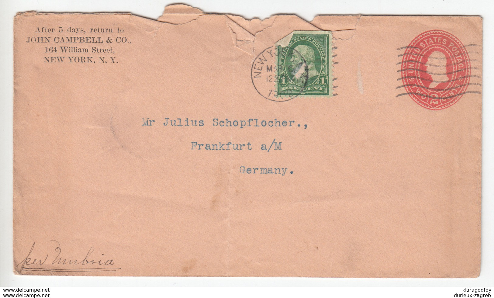 US Postal Stationery Stamped Envelope Travelled 1902 NY To Frankfurt, Germay U358 Washington Bb161110 - 1901-20