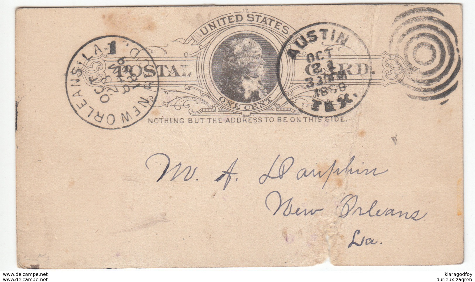 US Postal Stationery Postcard Travelled 1889 Austin, TX To New Orleans, LA UX9 Jefferson Bb161110 - ...-1900