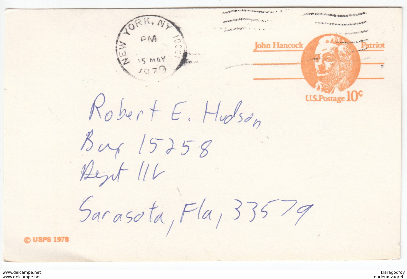 US Postal Stationery Postcard Travelled 1979 NY To Sarasota, Florida UX75 John Hancock Bb161110 - 1961-80