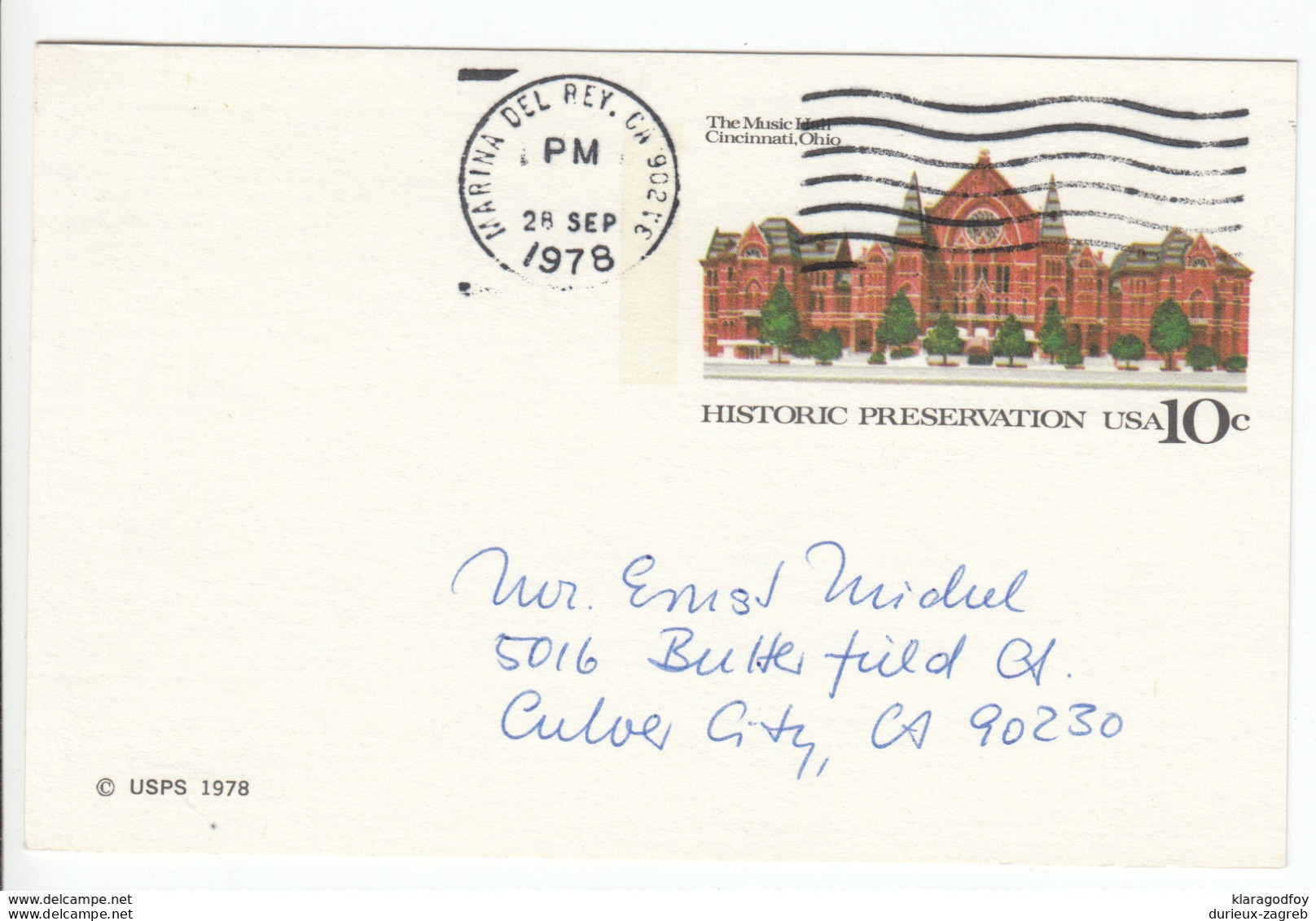 US Postal Stationery Postcard 1978 Centenary Of Cincinnati Music Hall UX73 Bb161110 - 1961-80