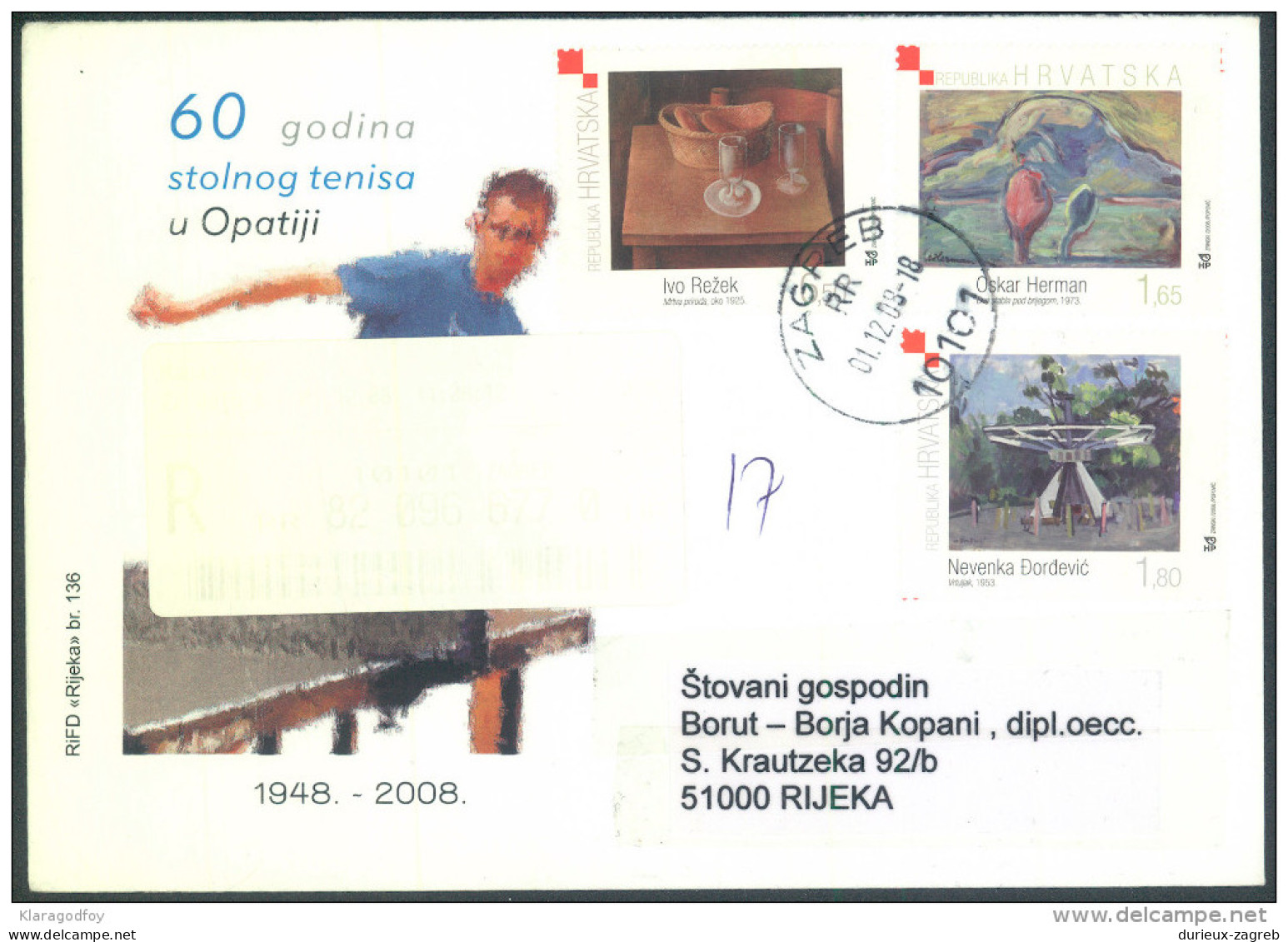 Croatia 60 Years Of Table Tennis In Opatija Special Illustrated Cover Letter And Pmk Registered, Travelled 2008 Bb161028 - Tischtennis