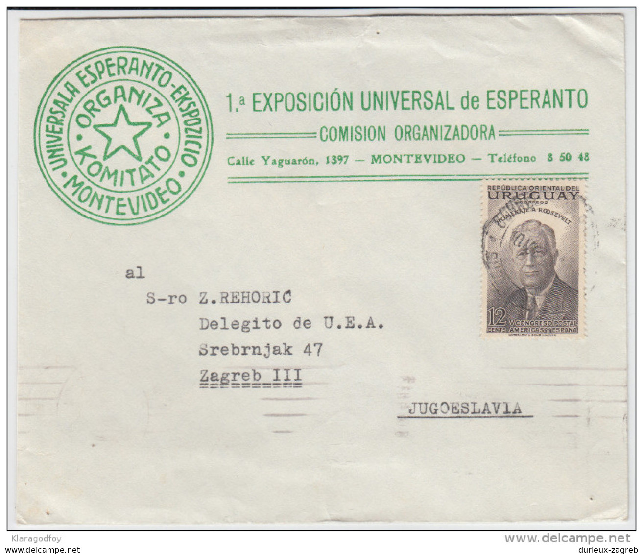 Uruguay Montevideo Esperanto Special Cover Travelled To Yugoslavia 1954 B160711 - Esperanto