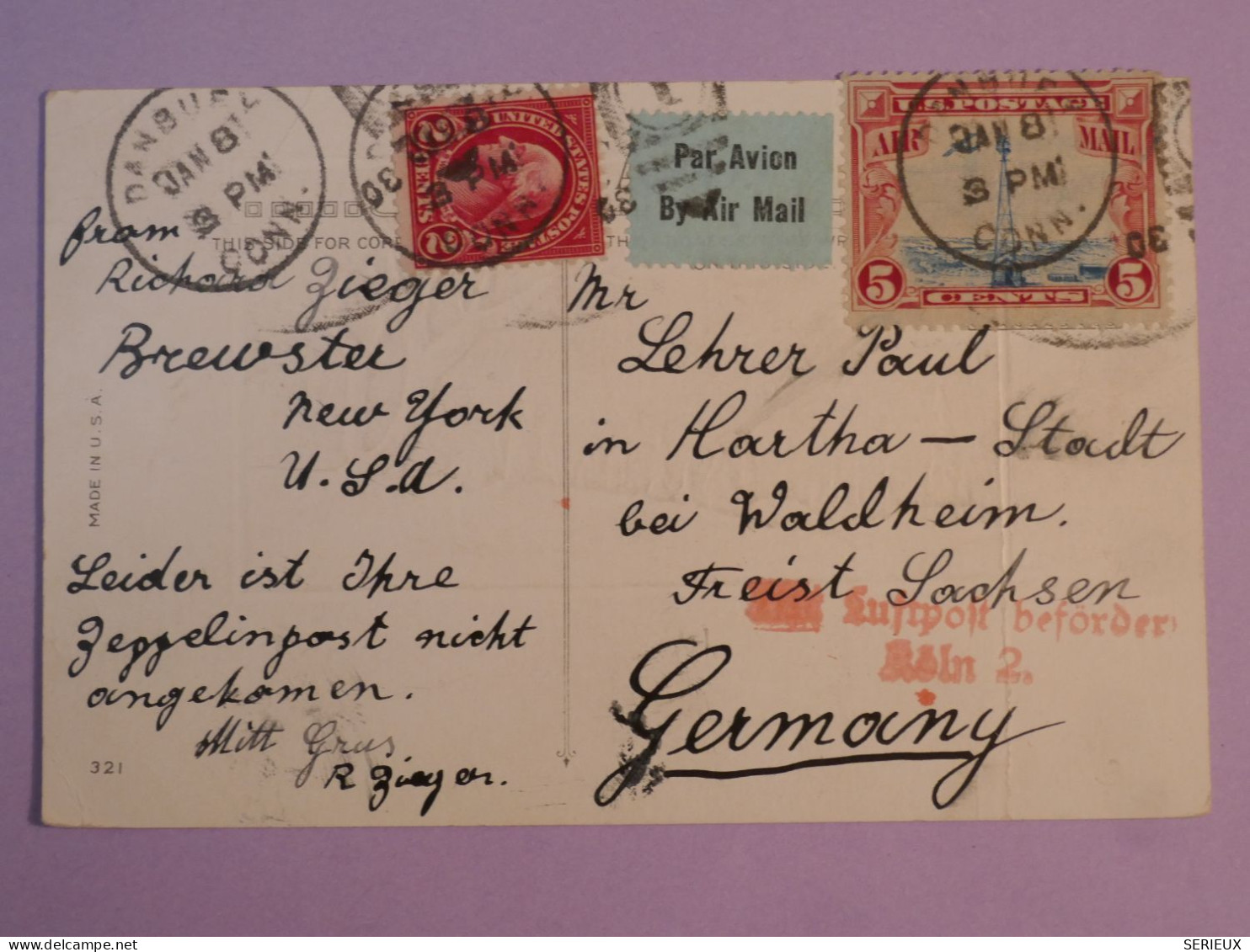DB24  ETATS UNIS  BELLE CARTE ENV. 1920++NEW YORK  A  GERMANY ++AFF. INTERESSANT++ - Brieven En Documenten