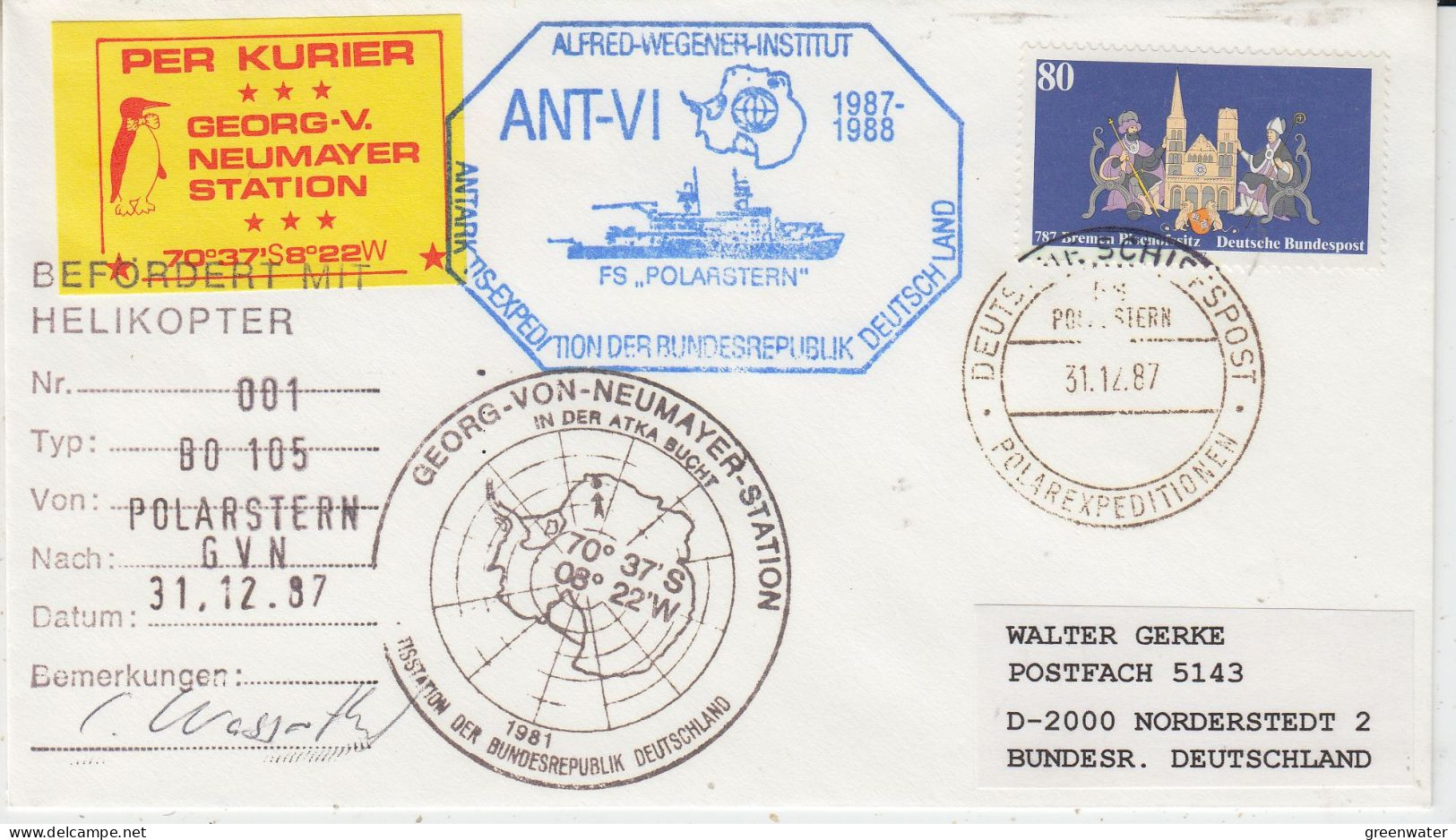 Germany Heli Flight From Polarstern To Neumayer (+label) 31.12.1987 (SZ172A) - Polar Flights