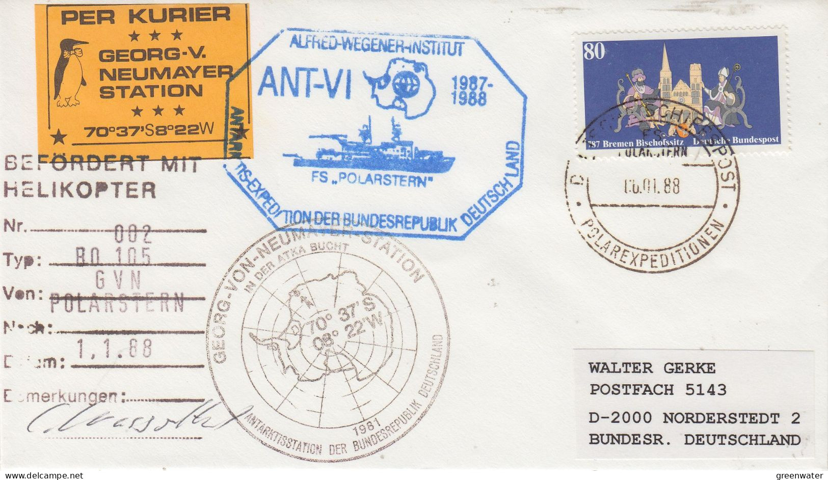 Germany Heli Flight From Neumayer To Polarstern  (+label) 1.1.1988 (SZ172B) - Poolvluchten