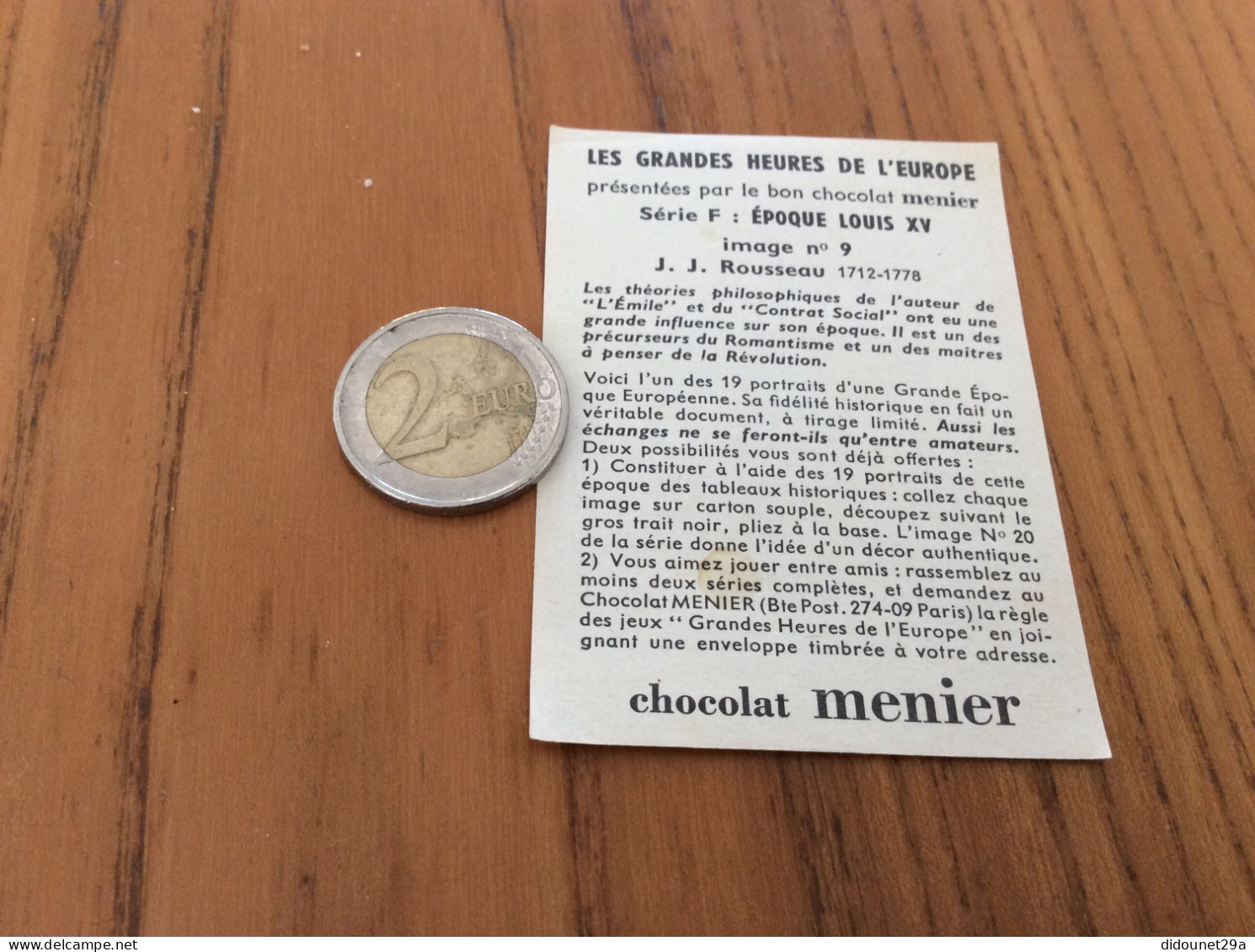 Chromo * Chocolat Menier LES GRANDES HEURES DE L'EUROPE "Série F : ÉPOQUE LOUIS XV - Nº9 Jean-Jacques Rousseau" - Menier