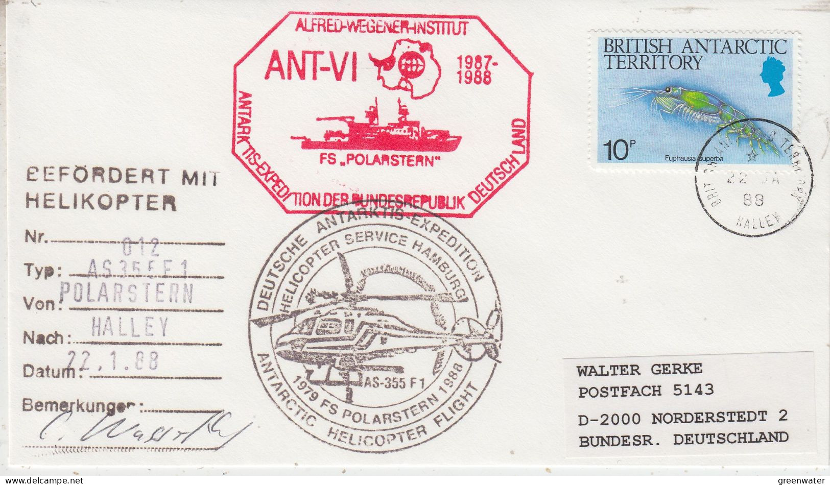 British Antarctic Territory (BAT)  Heli Flight From Polarstern To Halley 22.1.1988 (SZ172C) - Vuelos Polares