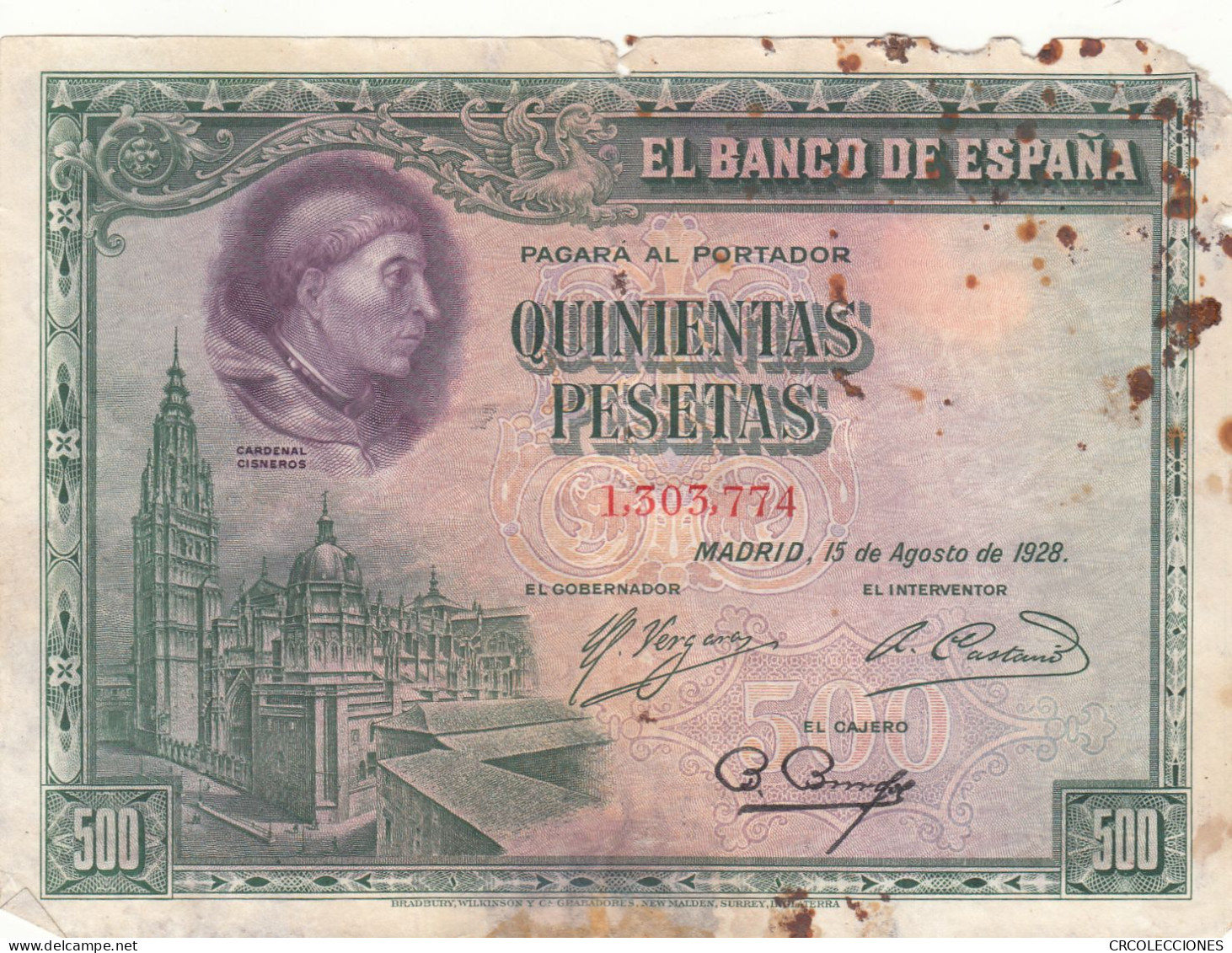 CRBS0812 BILLETE ESPAÑA 500 PESETAS 1928 CON MANCHAS MC - 500 Peseten