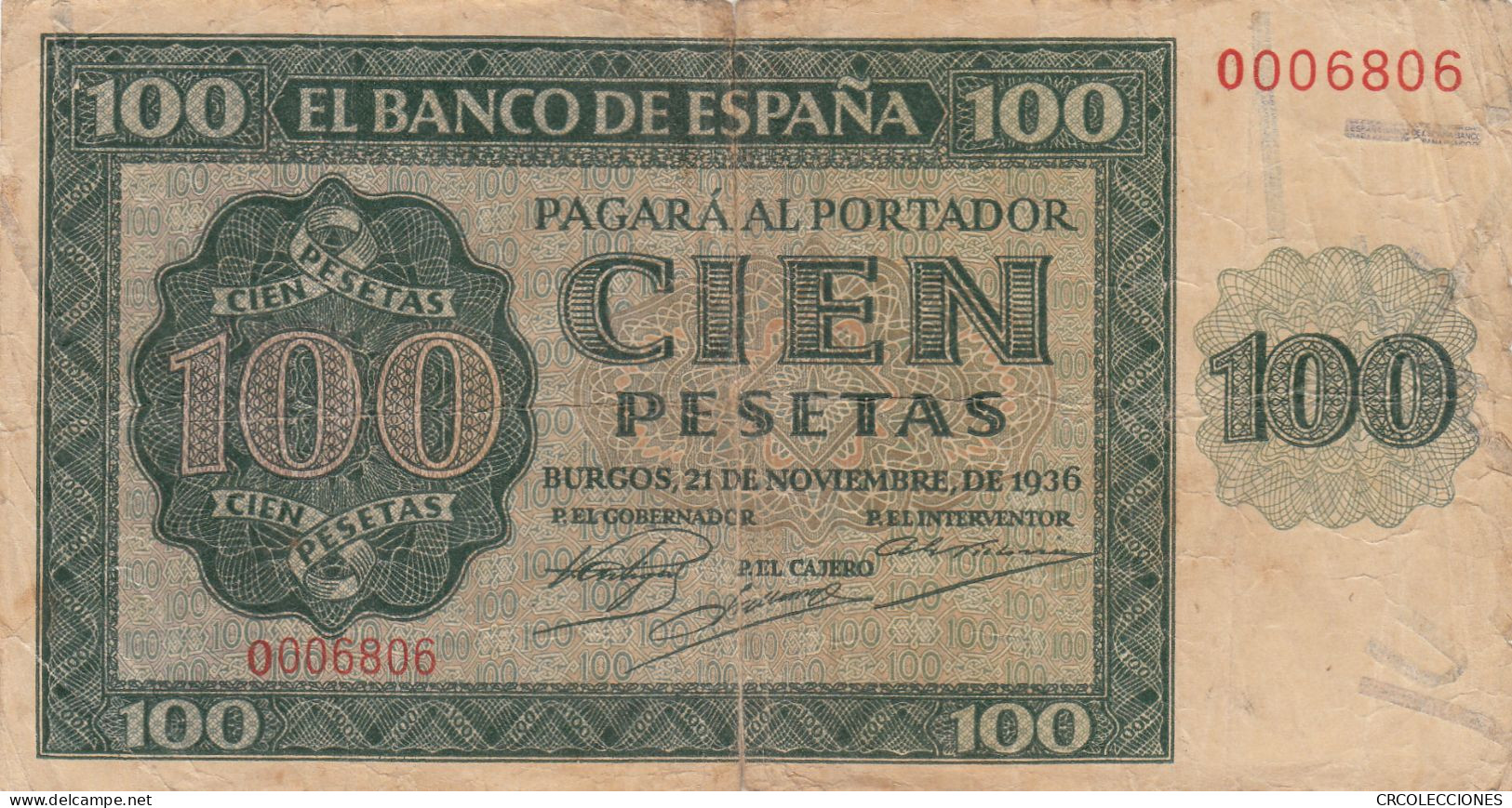 CRBS0849 BILLETE ESPAÑA 100 PESETAS 1936 NUMERO SERIE BAJO BC - 100 Pesetas