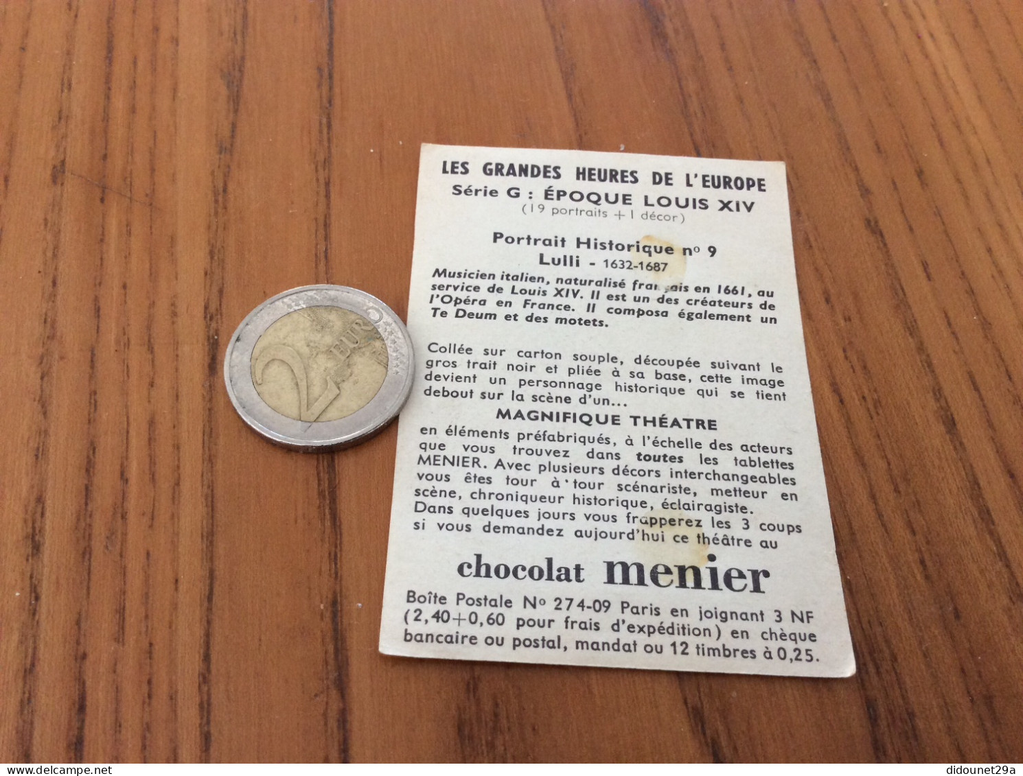 Chromo Chocolat Menier LES GRANDES HEURES DE L'EUROPE "Série G : ÉPOQUE LOUIS XIV - Nº9 Lulli" - Menier