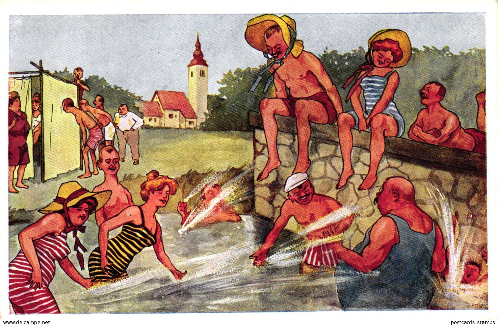 Schwimmbad, Badegäste, Humor, Sign. Fritz Schönpflug, Um 1910/15 - Schoenpflug, Fritz