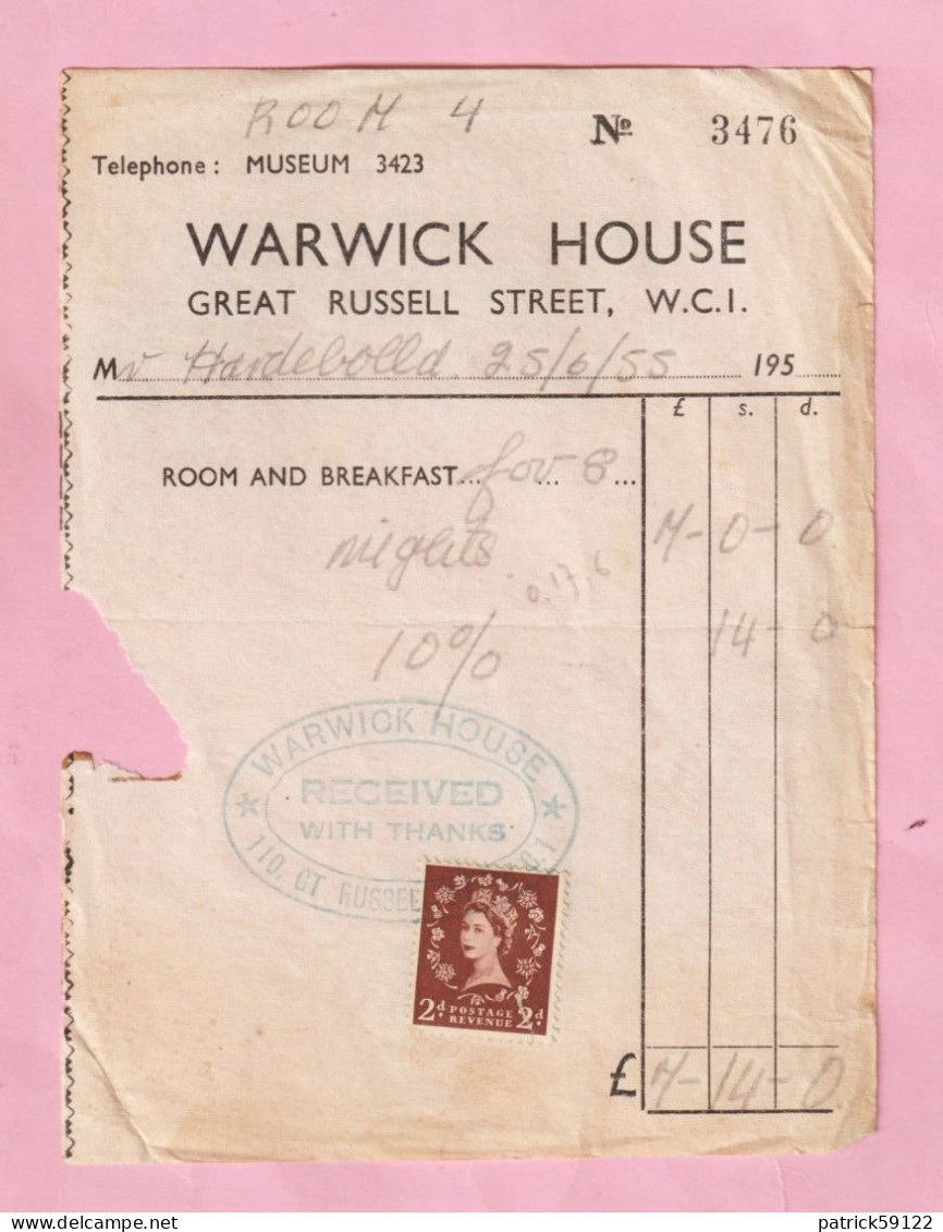 FACTURE DATEE 1955 - WARWICK HOUSE - RUSSELL STREET - ROYAUME UNI - - Verenigd-Koninkrijk