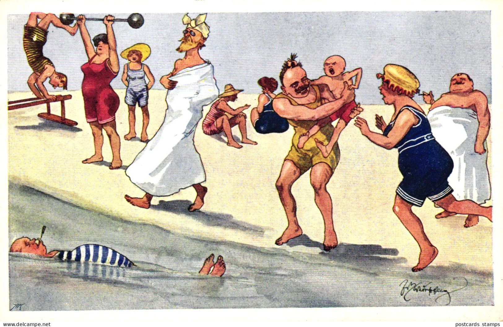 Meer, Strand, Strandleben, Humor, Sign. Fritz Schönpflug, Um 1910/15 - Schönpflug, Fritz