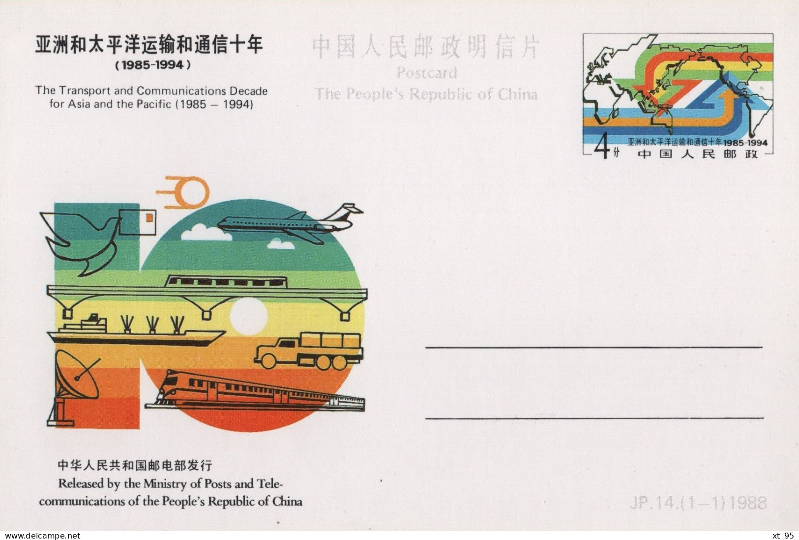 Chine - 1988 - Entier Postal JP14 - Transport And Communications Decade - Ansichtskarten