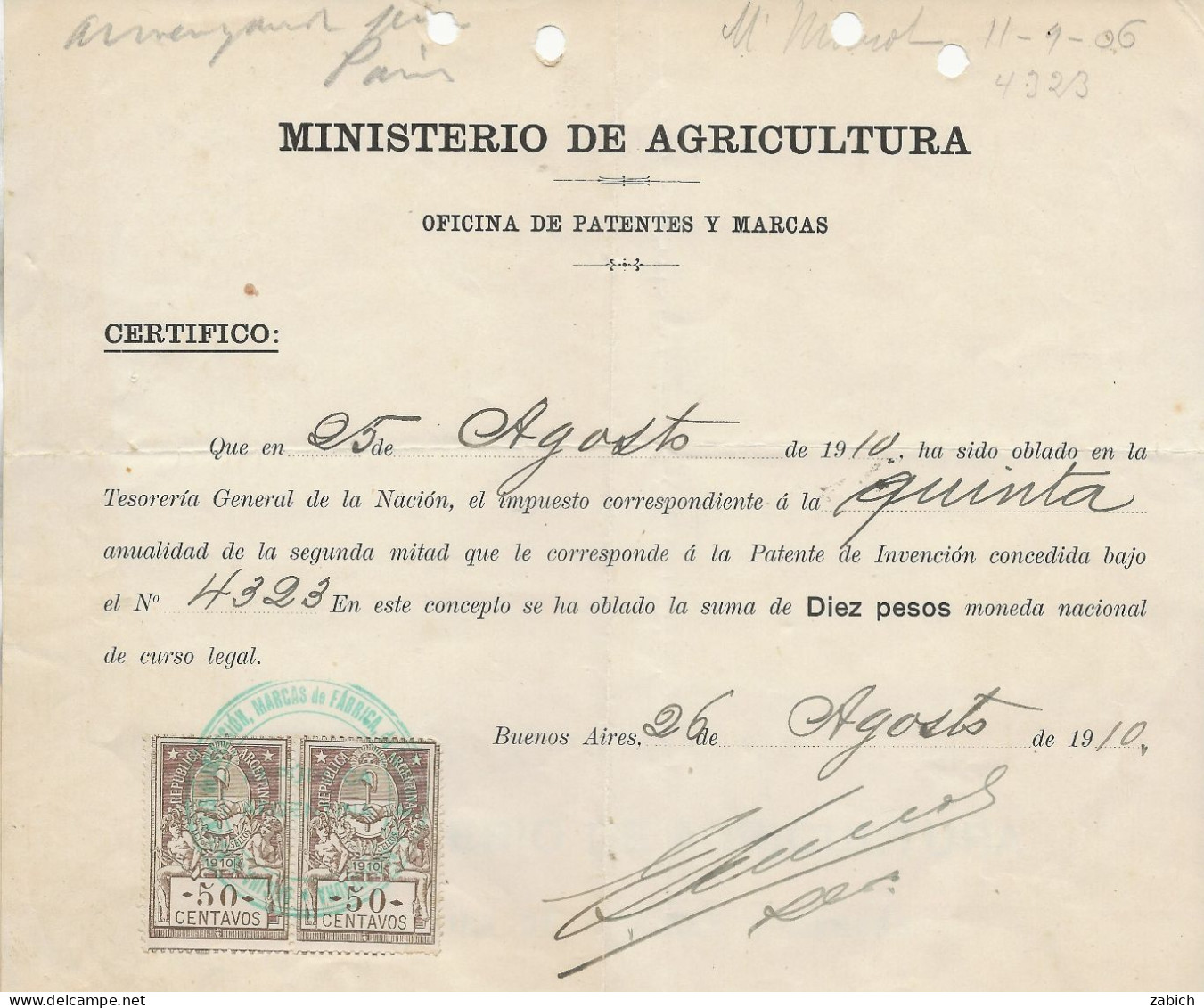 FISCAUX   ARGENTINE  2 Fiscaux 1910 Quittances 50 Cent Brun Sur Reçu De Patente 1910 - Collections, Lots & Series