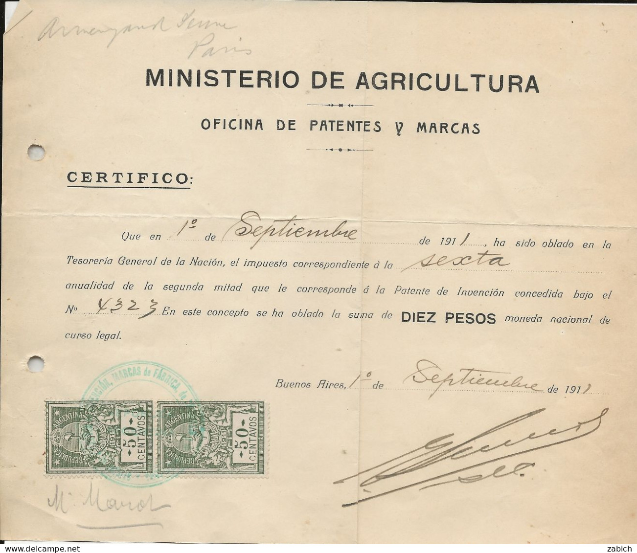 FISCAUX   ARGENTINE  2 Fiscaux 1911 Quittances 50 Cent Vert Sur Reçu De Patente 1911 - Collections, Lots & Séries