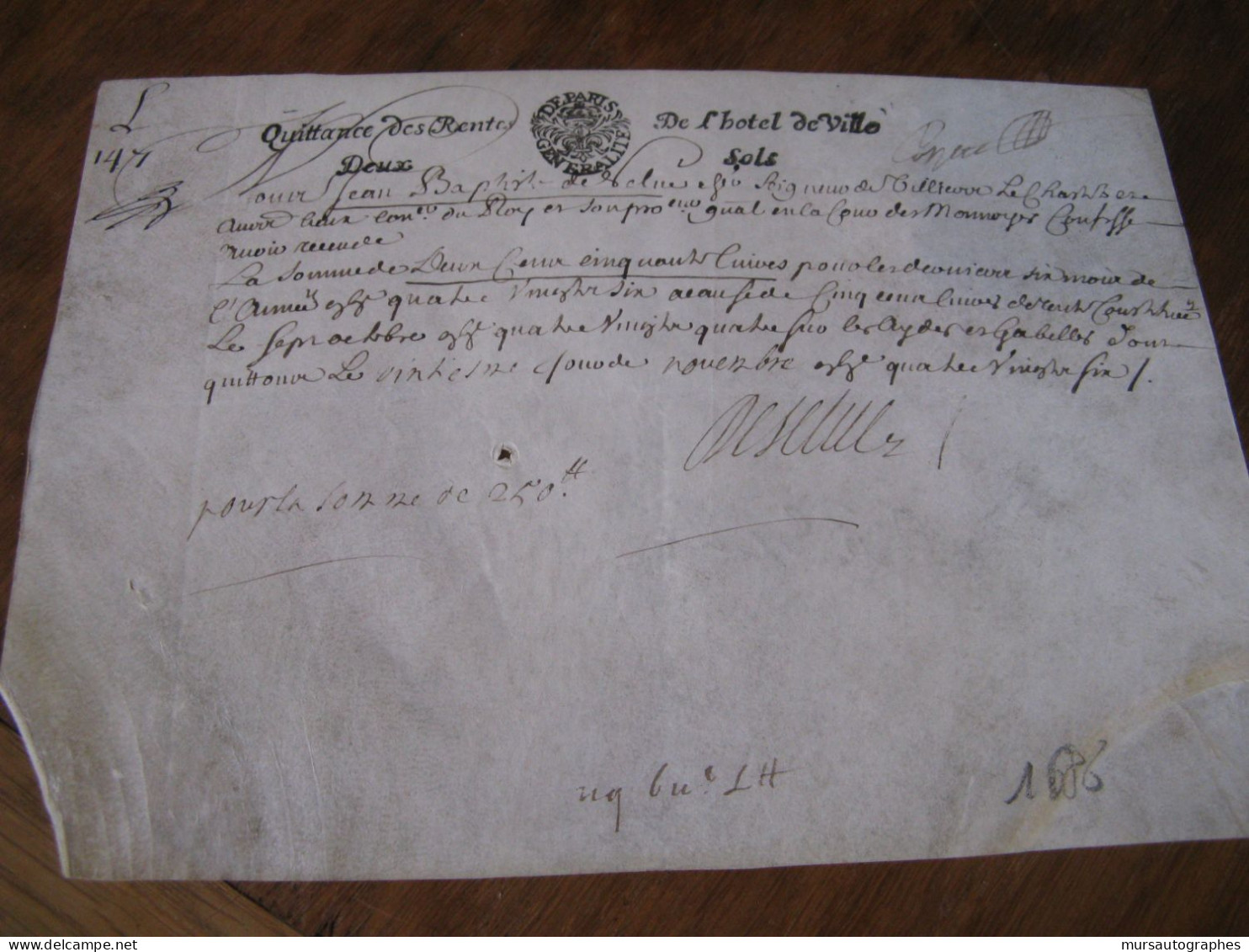 J.B. DE SELUE Autographe Signé 1686 PROCUREUR COURS MONNAIES PARIS Parchemin - Personnages Historiques