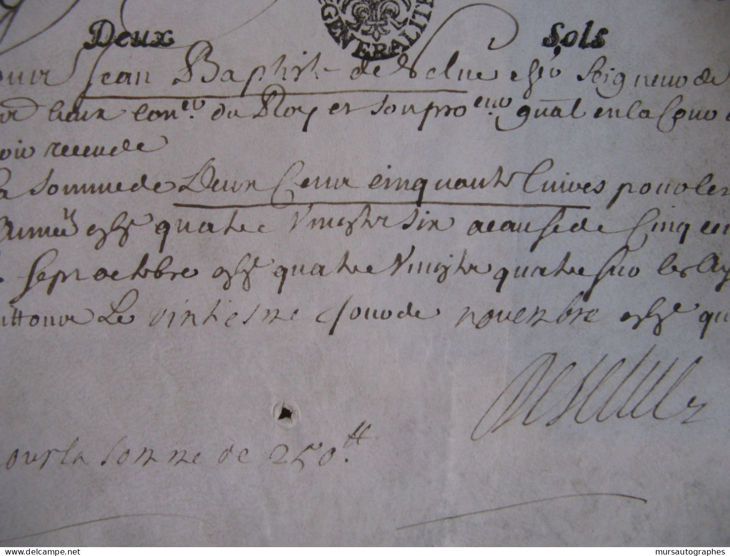 J.B. DE SELUE Autographe Signé 1686 PROCUREUR COURS MONNAIES PARIS Parchemin - Personnages Historiques