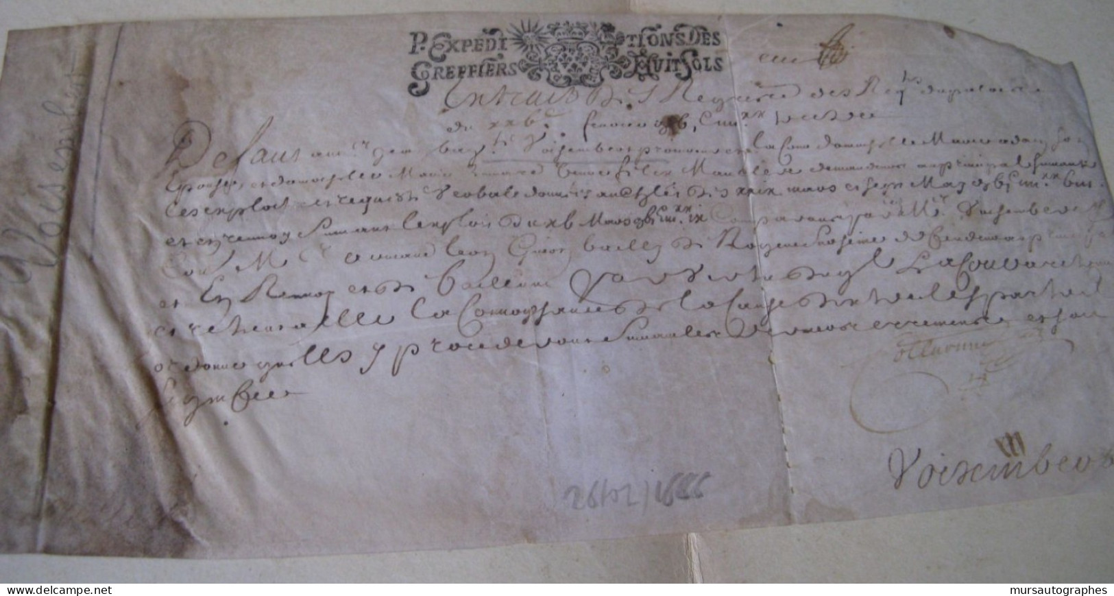 J.B. DE VOISEMBERT Autographe Signé 1666 PROCUREUR PARLEMENT PARIS Parchemin - Personnages Historiques