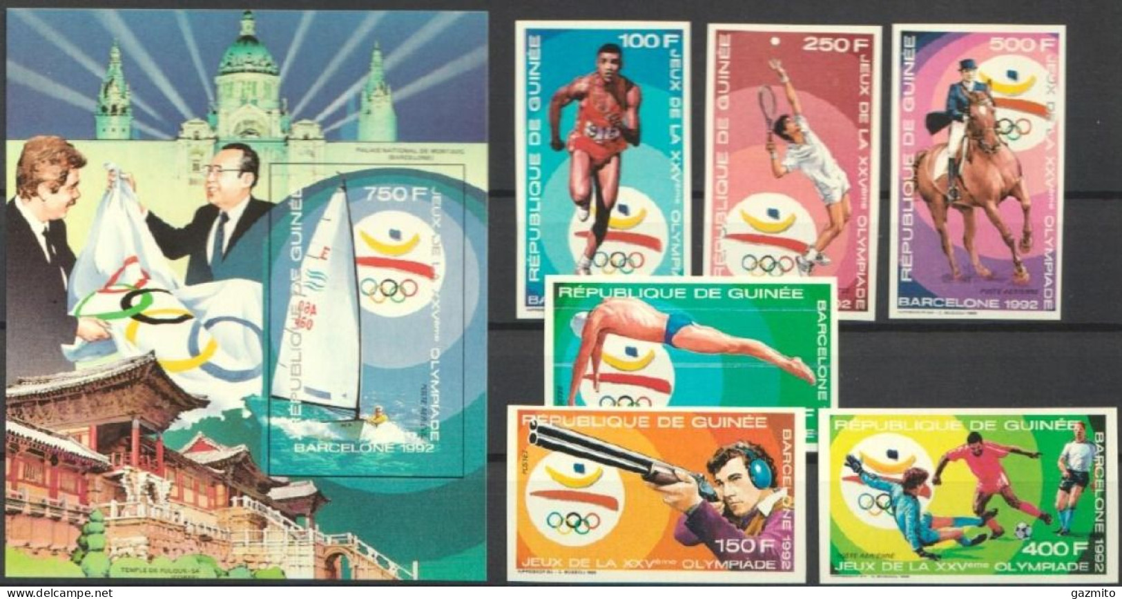 Guinea 1989, Olympic Games In Barcellona, Tennis, Shooting, 6val + BF IMPERFORATED - Tir (Armes)