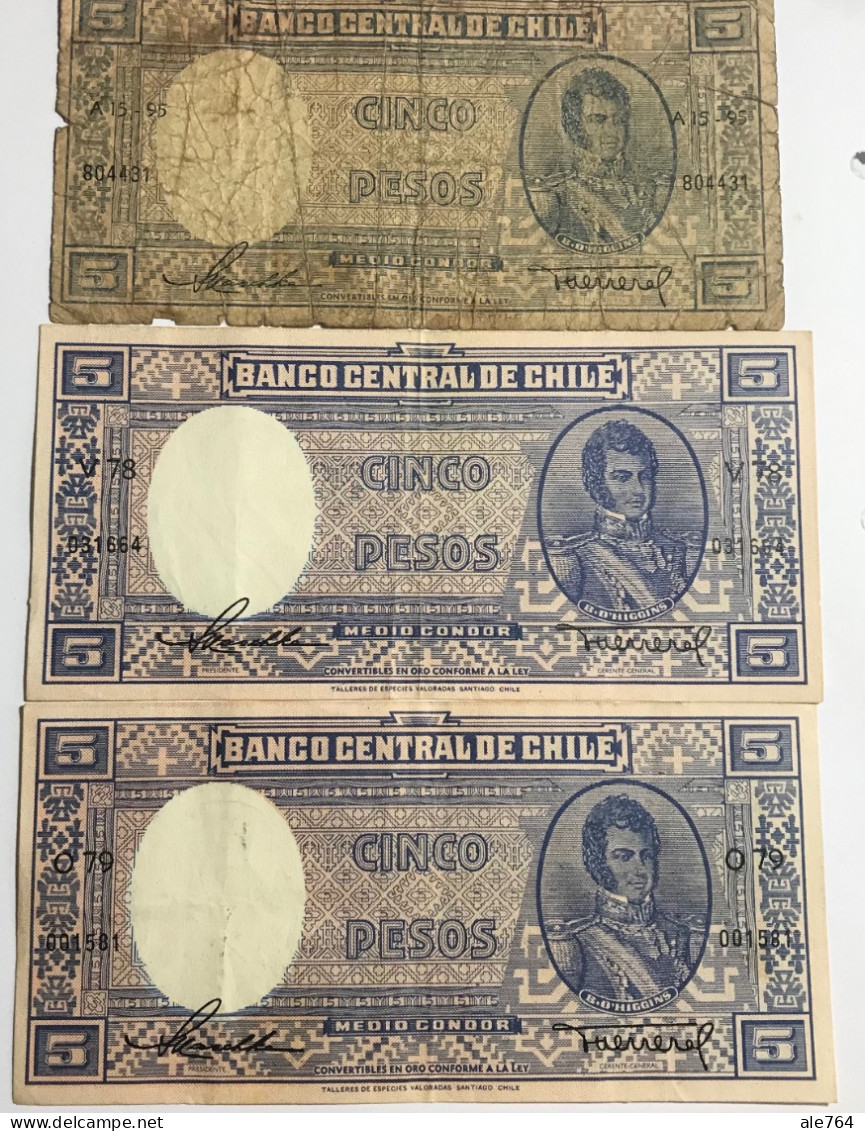 Chile Banknote 5 Pesos Lot Of 3,1958-9 Serie A,P119, XF. - Chili