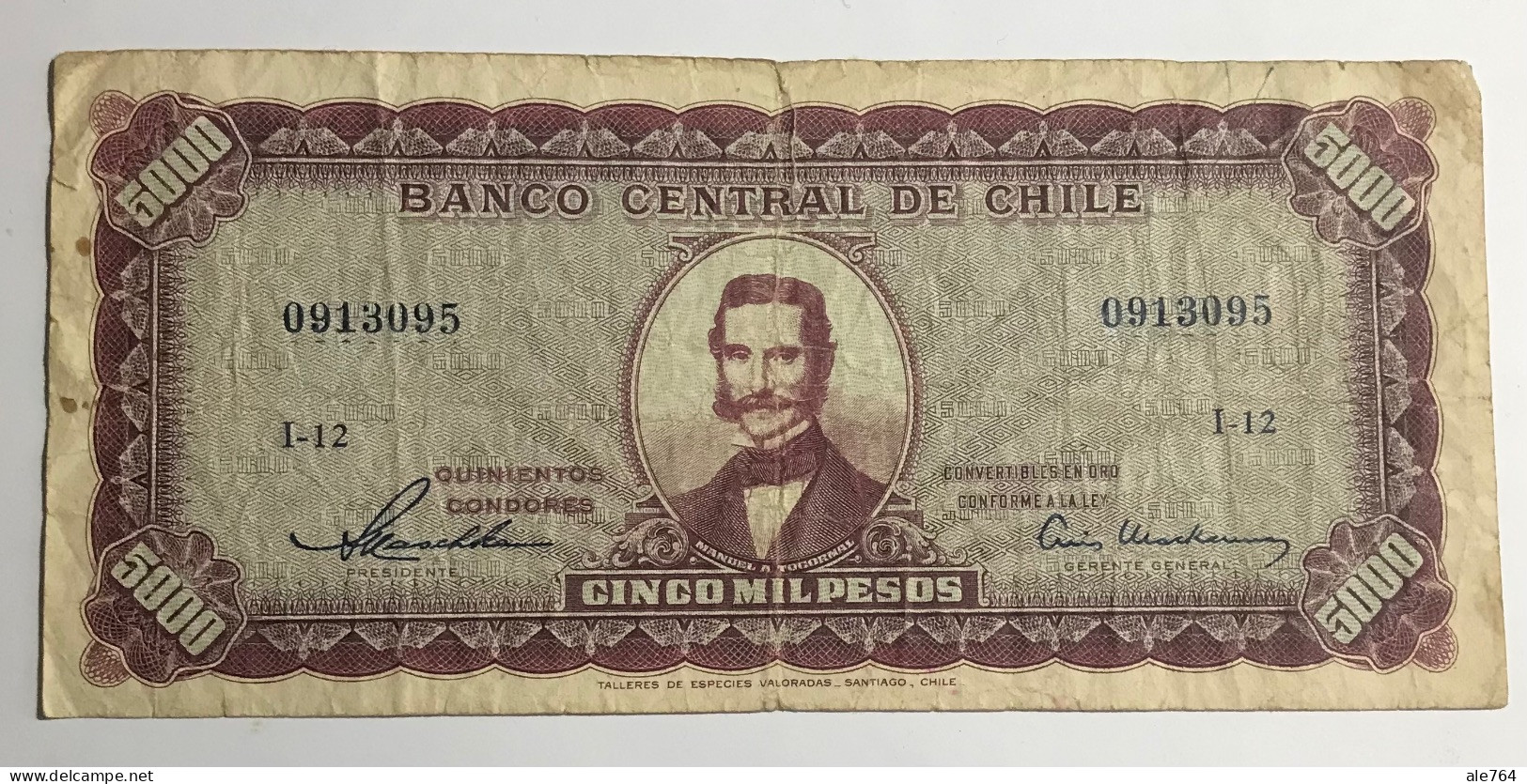 Chile Banknote 5000 Pesos,500 Cóndores,1960/1, P130, XF. - Chili