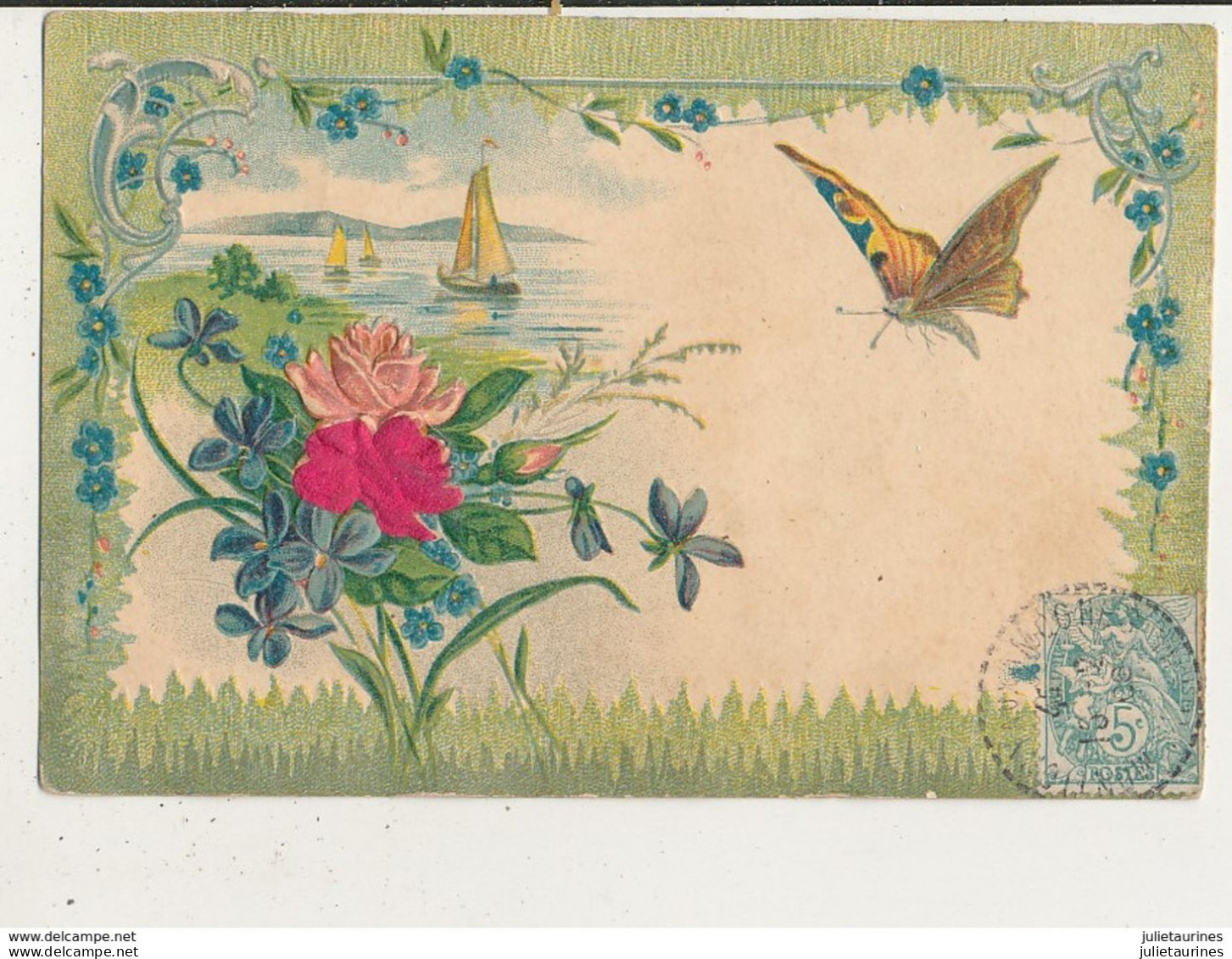 PAPILLON FLEURS ROSES ET BATEAU CPA GAUFREE BON ETAT - Papillons