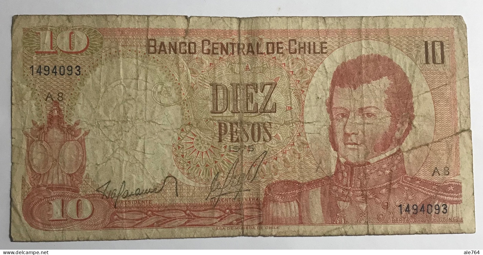 Chile Banknote 10 Pesos, 1975, P 150, Fine. - Cile