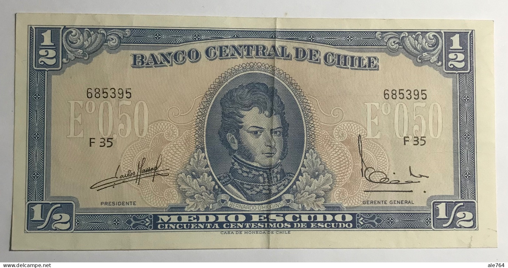 Chile Banknote Medio Escudo (1/2), 1962, Serie F, P134, AXF. - Chile