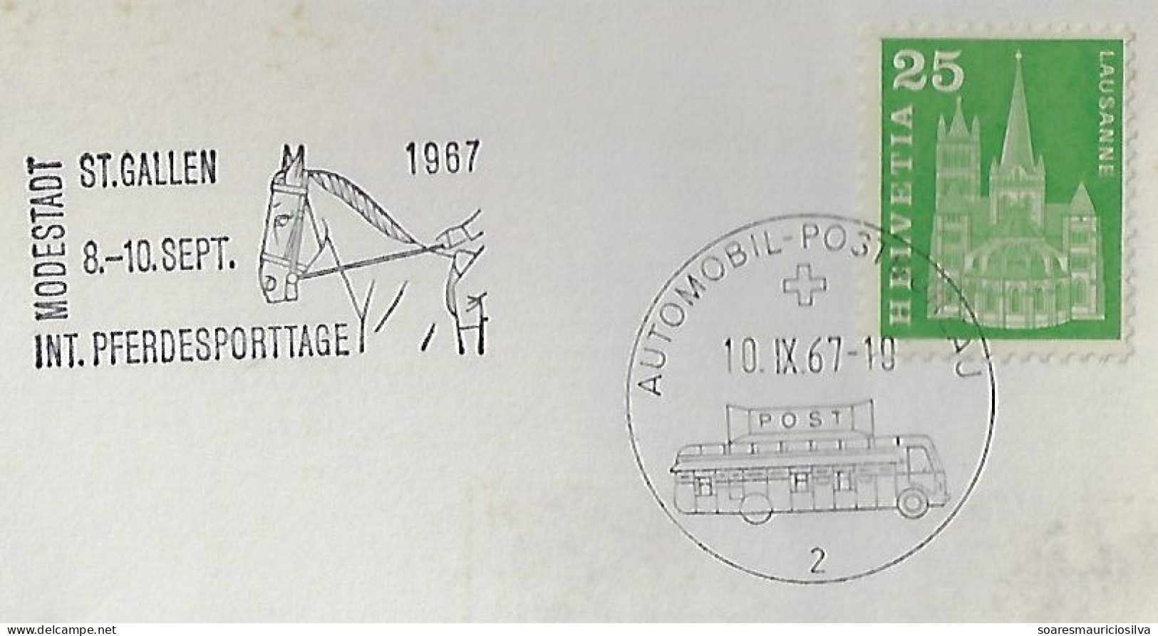 Switzerland 1977 Cover With Commemorative Cancel For Automobile Post Office Bus Slogan Horse Sport Equestrian - Busses