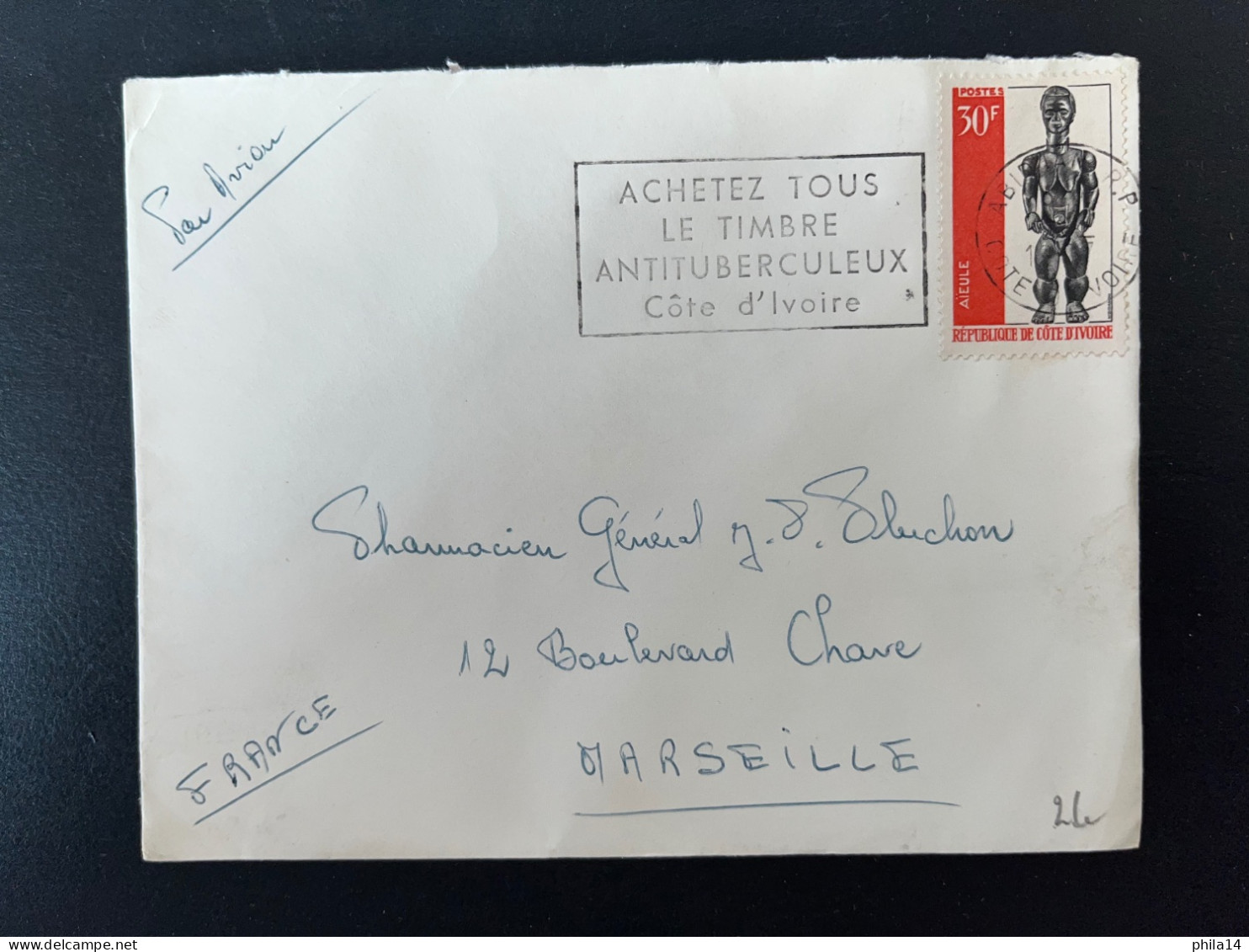 SP ENVELOPPE COTE D'IVOIRE ABIDJAN POUR MARSEILLE FRANCE 1967 - Côte D'Ivoire (1960-...)