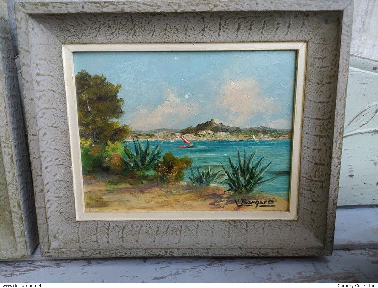 Paire De Tableaux Marine Porquerolles L'Oustaou De Diou Signés V. Bernard Ca1950 - Oelbilder