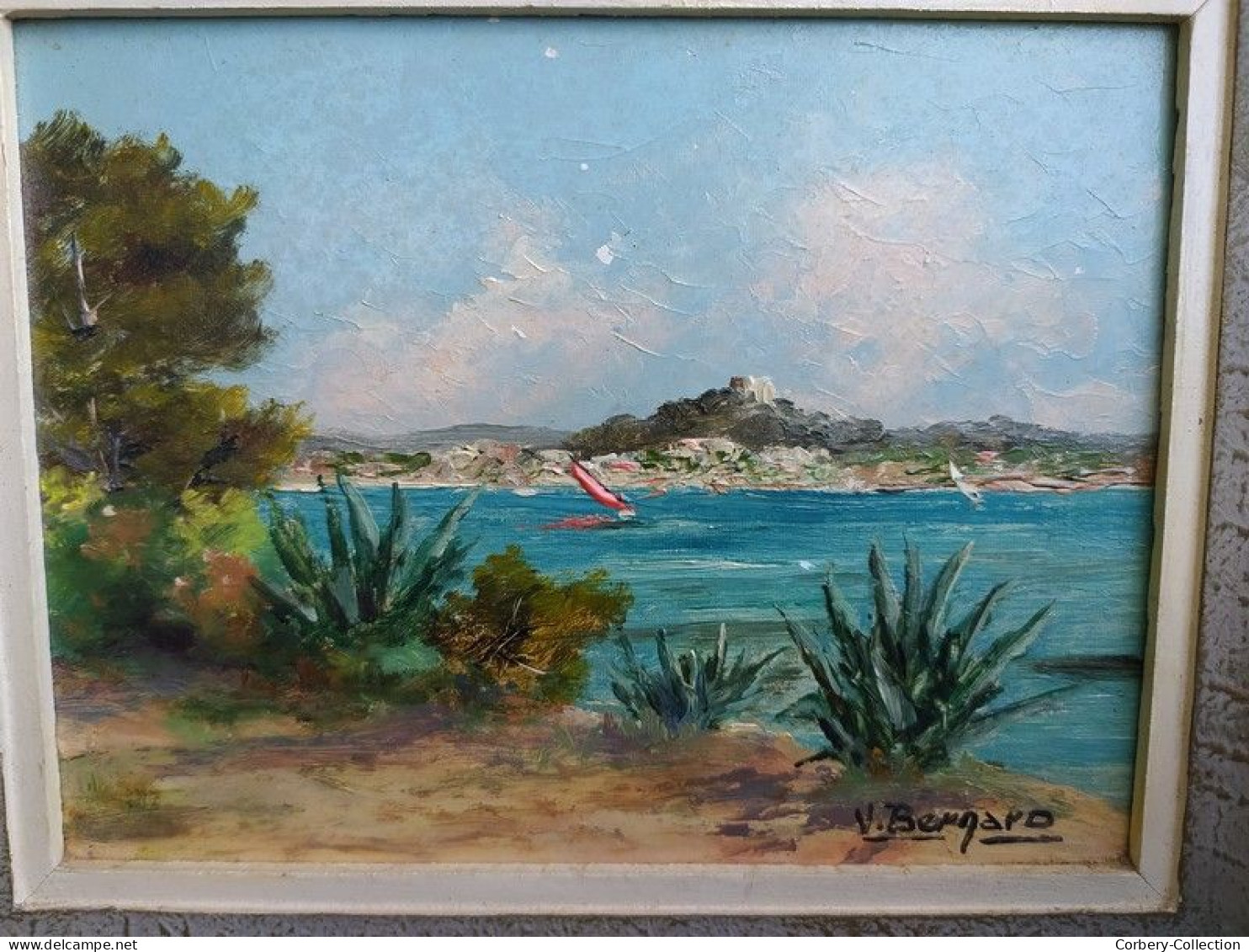 Paire De Tableaux Marine Porquerolles L'Oustaou De Diou Signés V. Bernard Ca1950 - Oelbilder