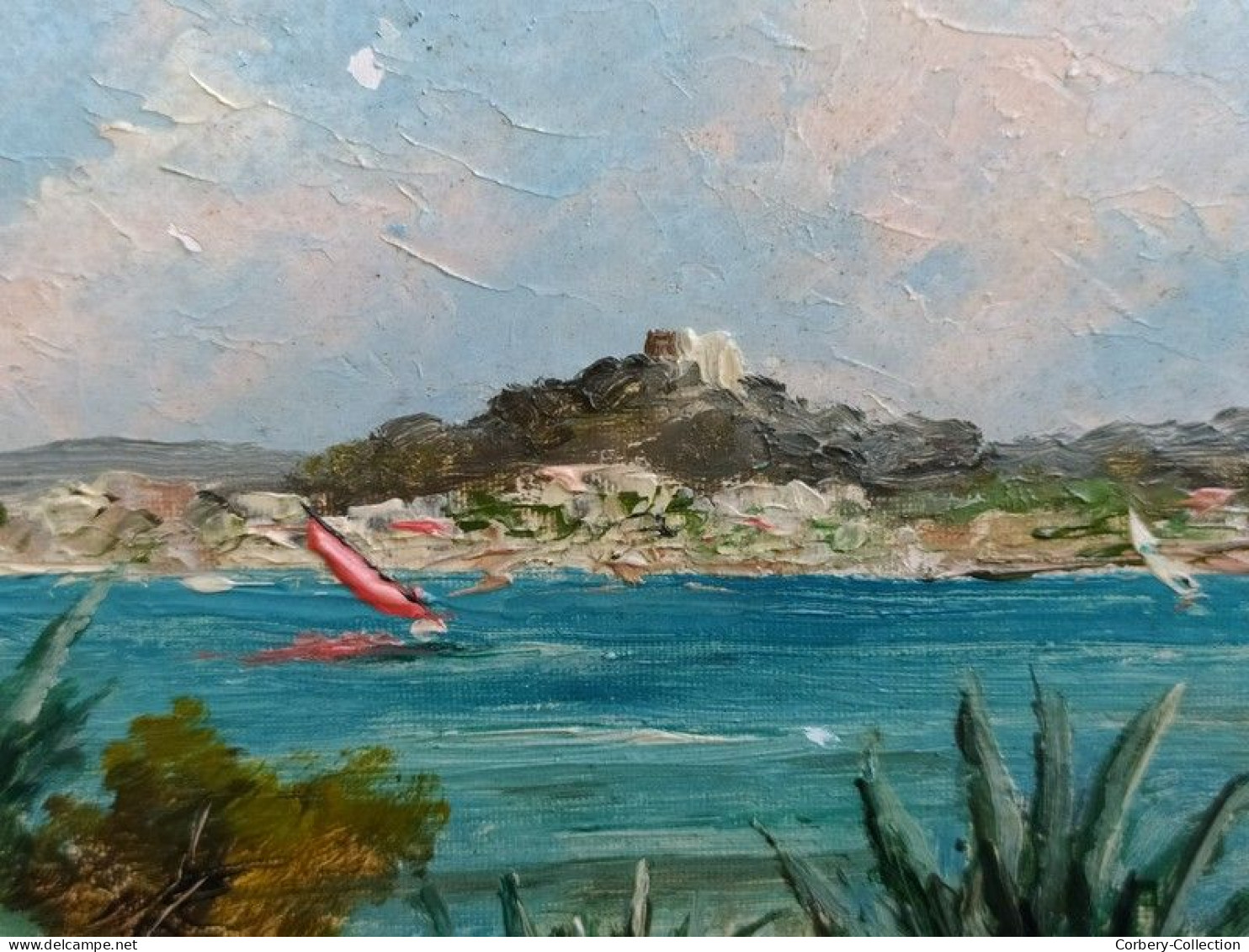 Paire De Tableaux Marine Porquerolles L'Oustaou De Diou Signés V. Bernard Ca1950 - Oelbilder