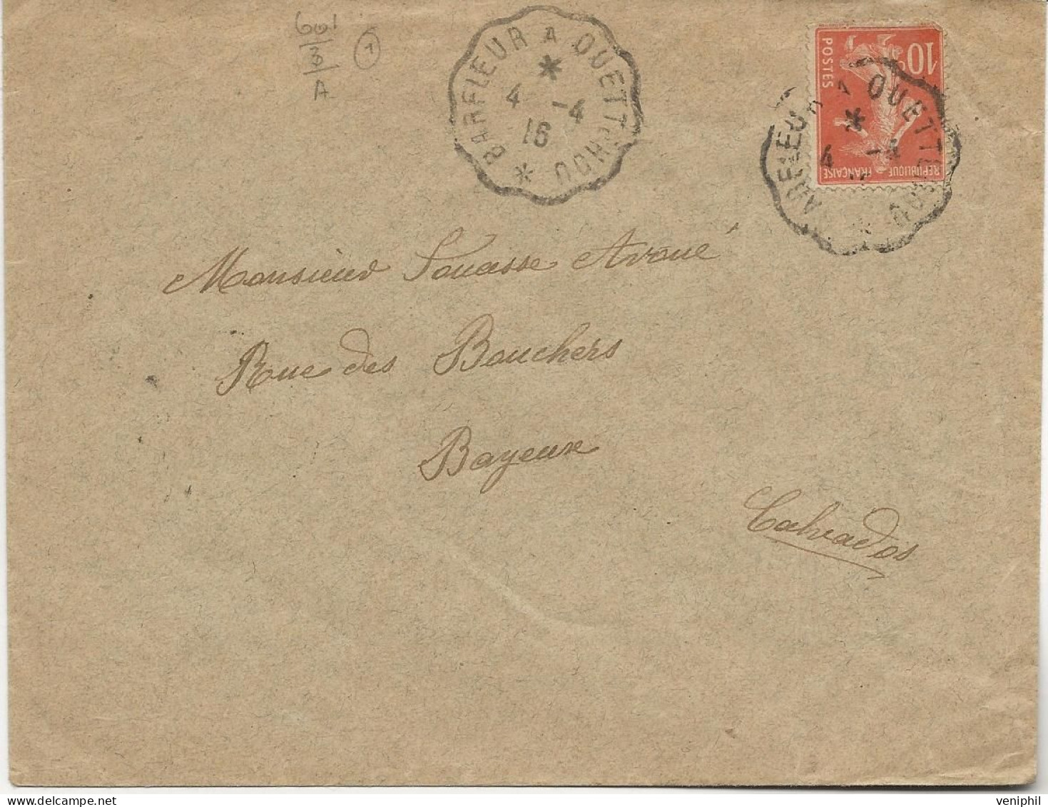 LETTRE  OBLITERATION CONVOYEUR  " BARFLEUR A QUETTEHOU " ANNEE 1916 - Railway Post