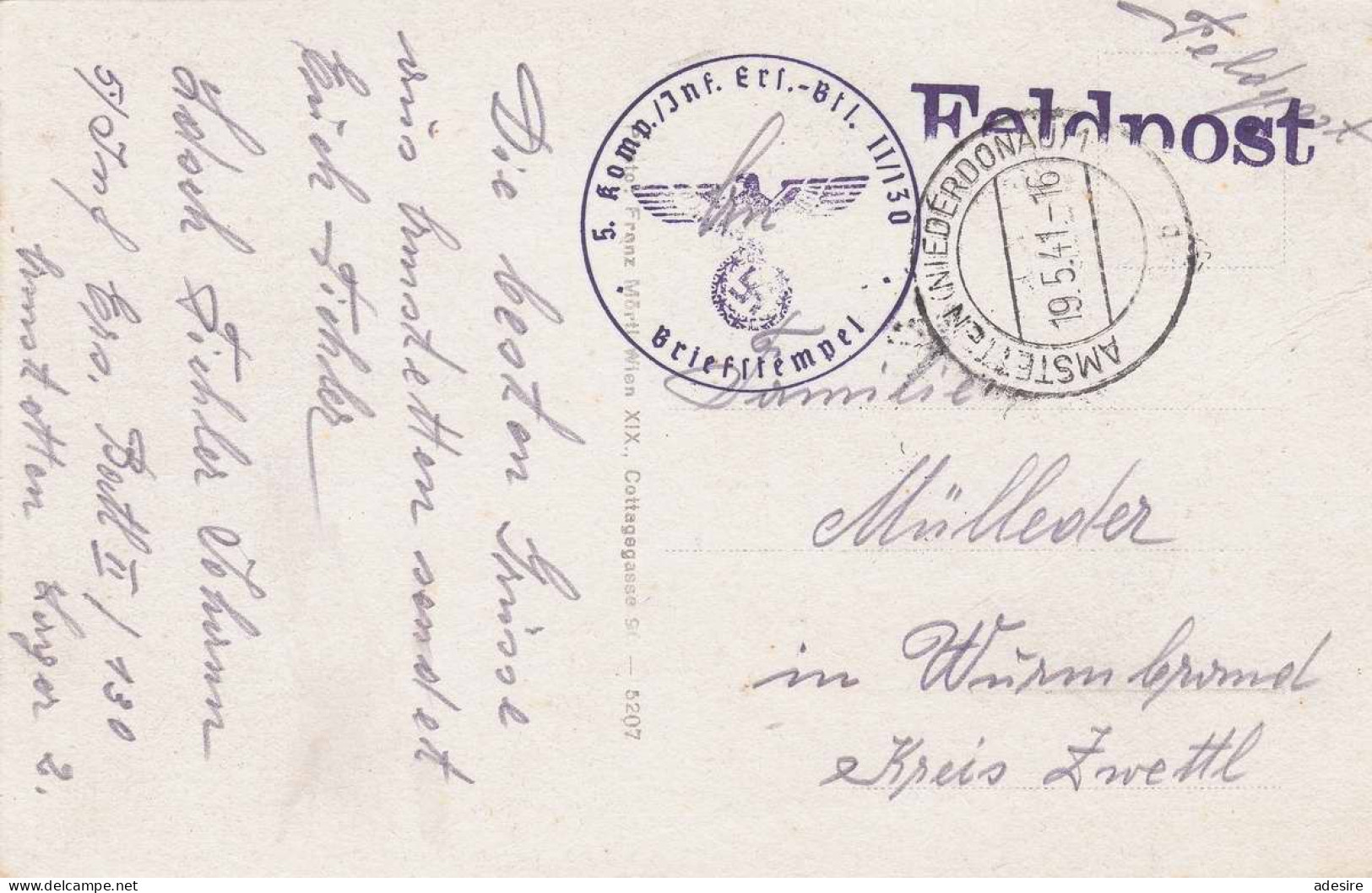 NÖ - AMSTETTEN N.D. - Adolf Hitlerplatz Rotes Kreuz Auto - Karte Als Feldpost Gel.1941 Nach Zwettl, Stempel Der 5.Ko ... - Amstetten