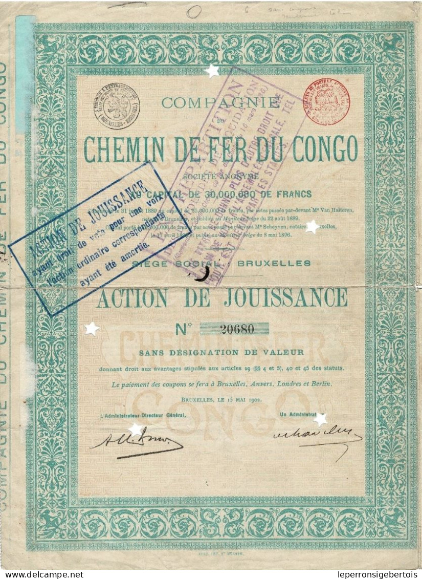 Titre De 1902 - Compagnie De Chemin De Fer Du Congo - Société Anonyme - N° 20680 - - Chemin De Fer & Tramway