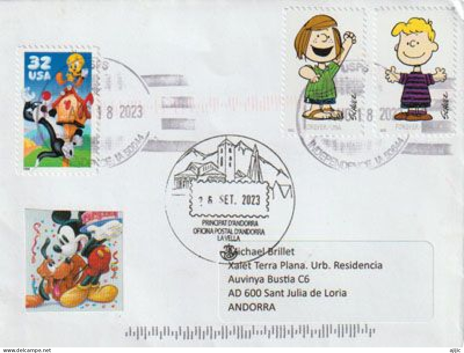 Charles M. Schulz. Personnages.Charlie Brown.Peppermint Patty., Lettre 2023 USA à Andorra,avec Timbre à Date Arrivée - Lettres & Documents