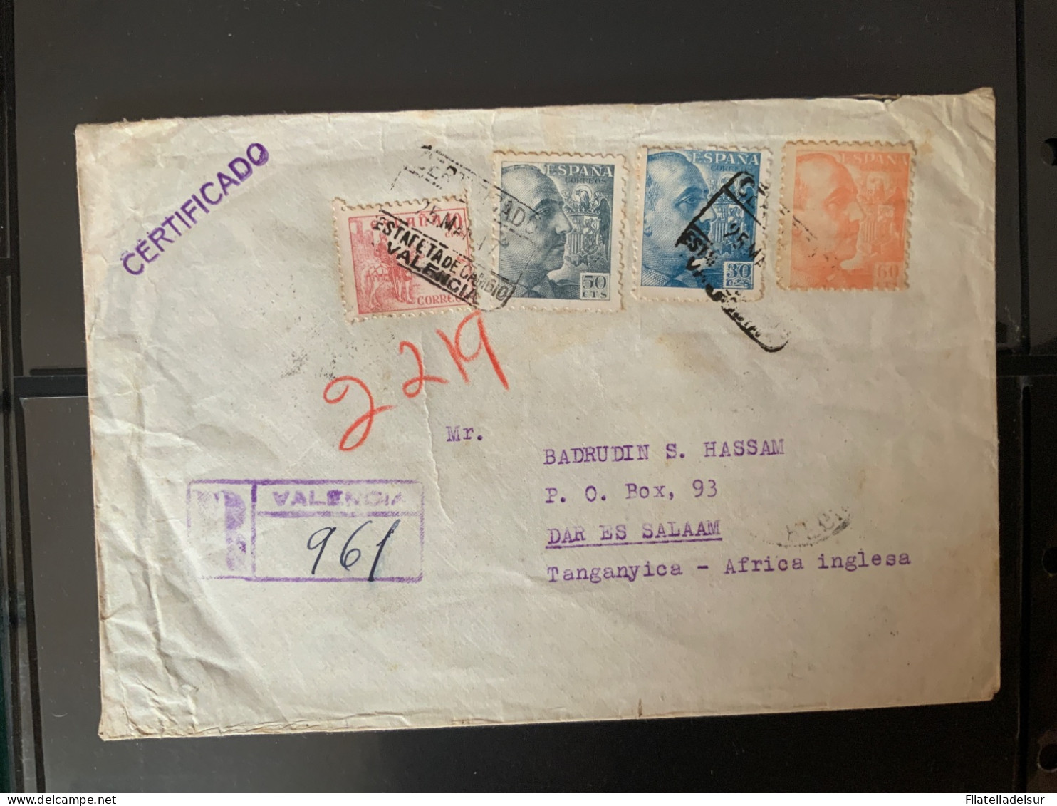 Valencia A Tanganyica. Africa Inglesa. Certificado. 1947. Varias Marcas Transito. - Cartas & Documentos