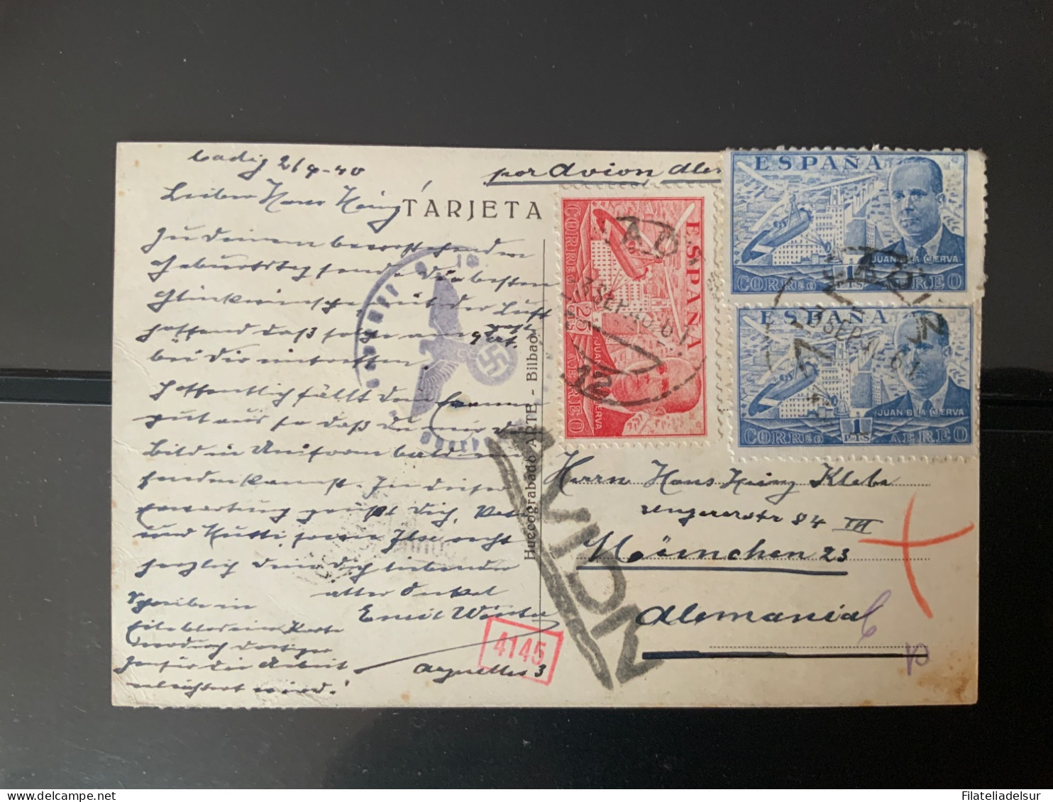 Tarjeta De Franco. Cadiz A Alemania. Avion. Aereo. 1940 - Cartas & Documentos