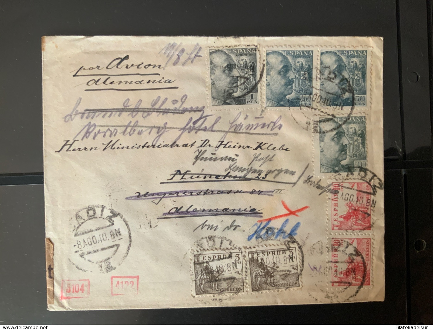 Cadiz A Alemania. Reexpedida. Por AVION Aereo. 1940 - Cartas & Documentos