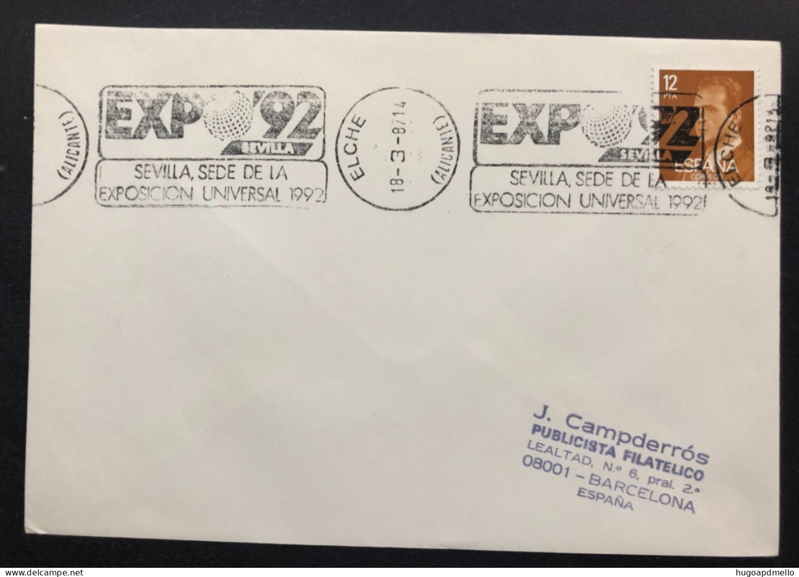 SPAIN, Cover With Special Cancellation « EXPO '92 », « ELCHE Postmark », 1987 - 1992 – Séville (Espagne)