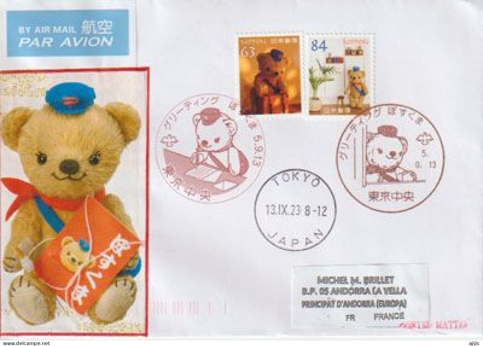 2023.Japanese Posukuma Bear (Teddy Bear) Japan Post’s Postal Worker Bear Mascot, Letter Tokyo To Andorra - Covers & Documents