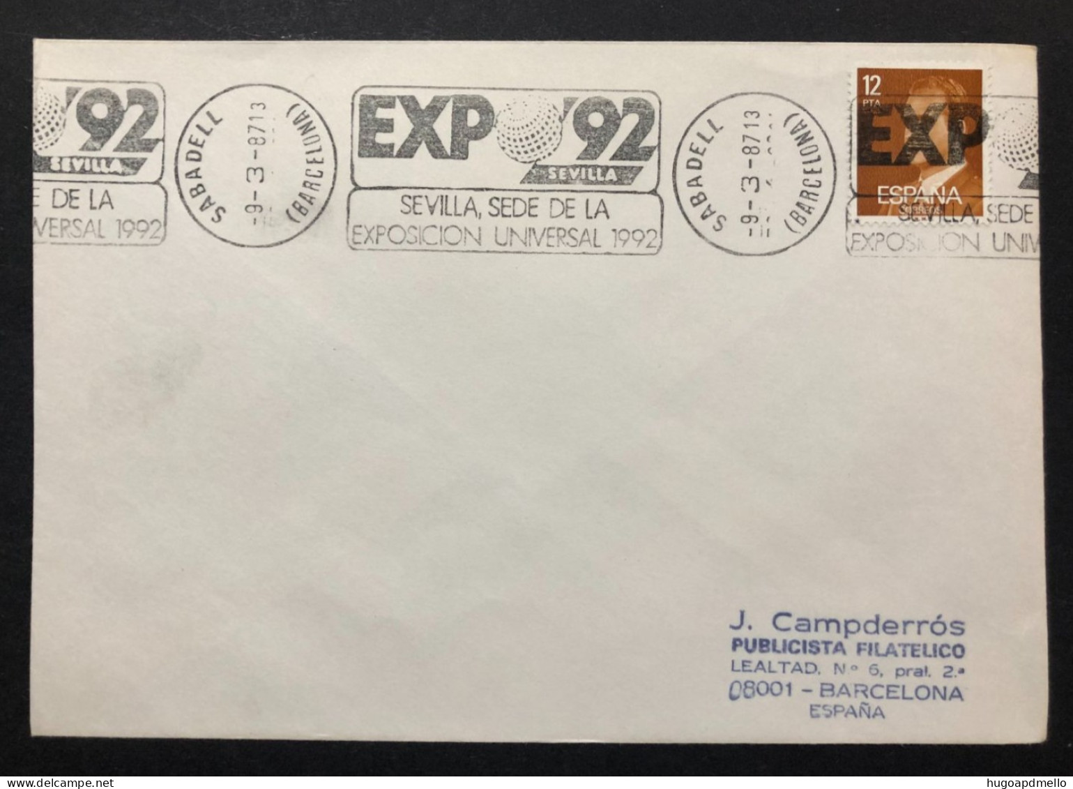 SPAIN, Cover With Special Cancellation « EXPO '92 », « SABADELL (Barcelona) Postmark », 1987 - 1992 – Séville (Espagne)