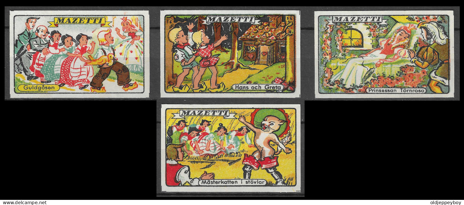  SWEDEN Phillumeny Matchbox Label Vintage MAZAETTI FULL SET  3.5 X 5 Cm GULDGASEN, HANS ACH GRETA PUSS IN BOOTS TORNROSA - Boites D'allumettes - Etiquettes