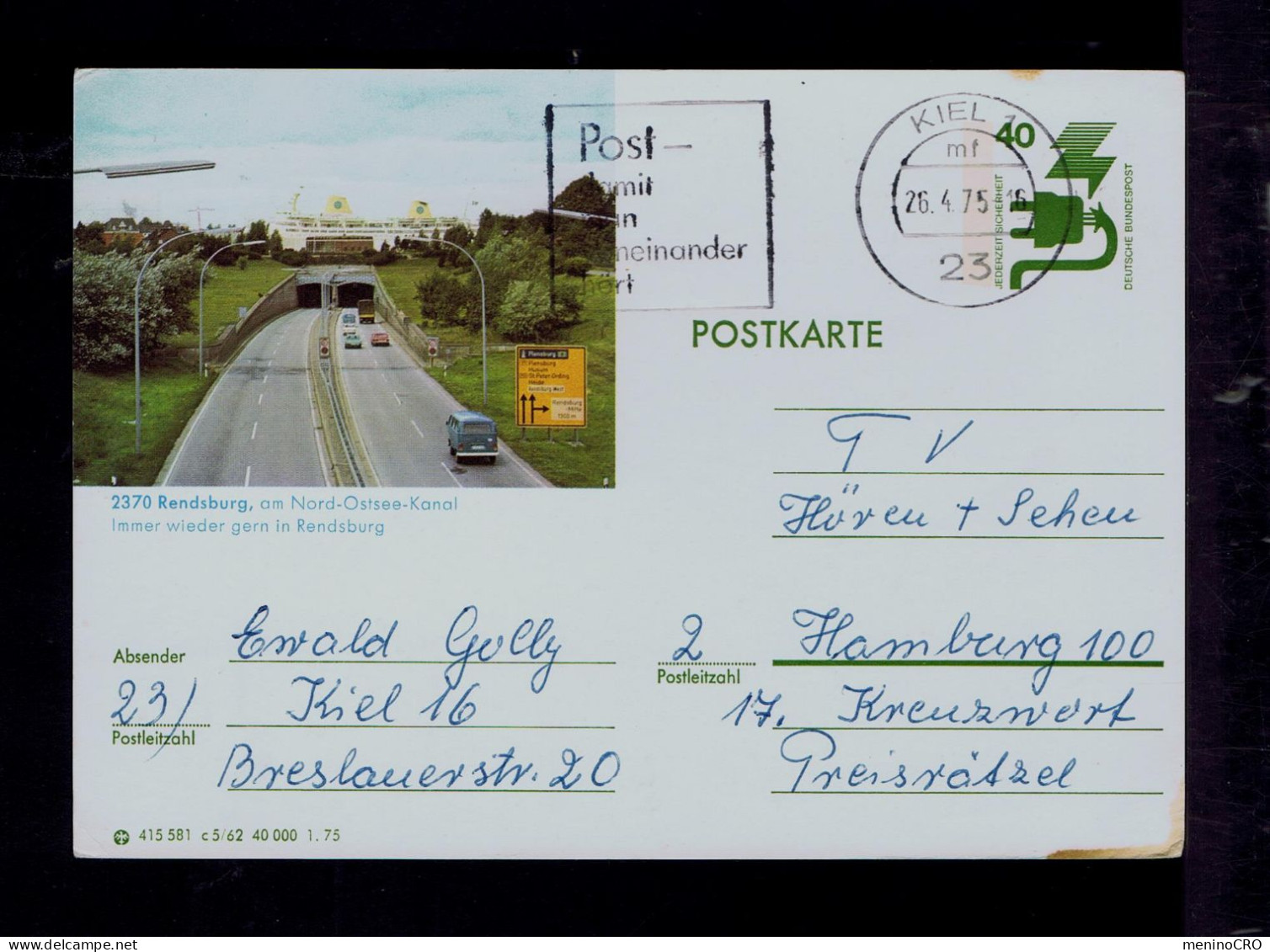 Gc7984 GERMANY Auto Route Autobahn VW Wagon Randsburg, Am Nord-Ostsee-Kanal Postal Stationery Mailed Kiel »Hamburg 1975 - Unfälle Und Verkehrssicherheit