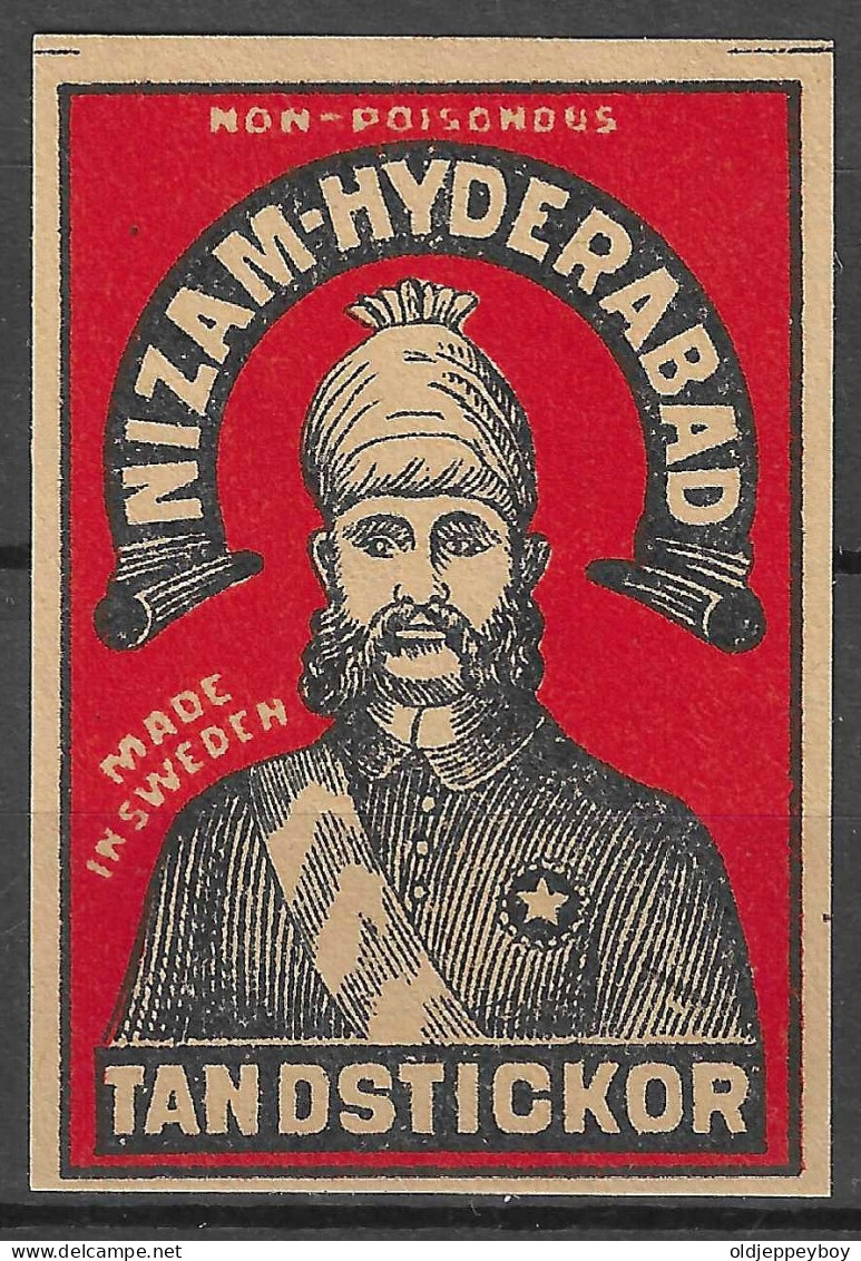 ANTIQUE MADE IN SWEDEN  Phillumeny MATCHBOX LABEL NIZAM-HYDERABAD TANDSTICKOR  3.5 X 5   Cm  RARE - Zündholzschachteletiketten