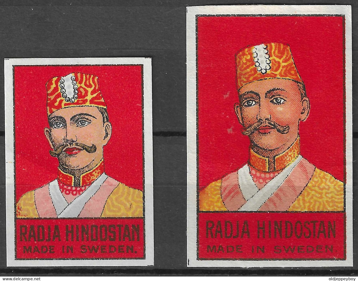 2 SIZES C1900 ANTIQUE MADE IN SWEDEN  Phillumeny MATCHBOX LABEL RADJA HINDOSTAN 2 SIZES  3.5 X 5   Cm  RARE - Boites D'allumettes - Etiquettes